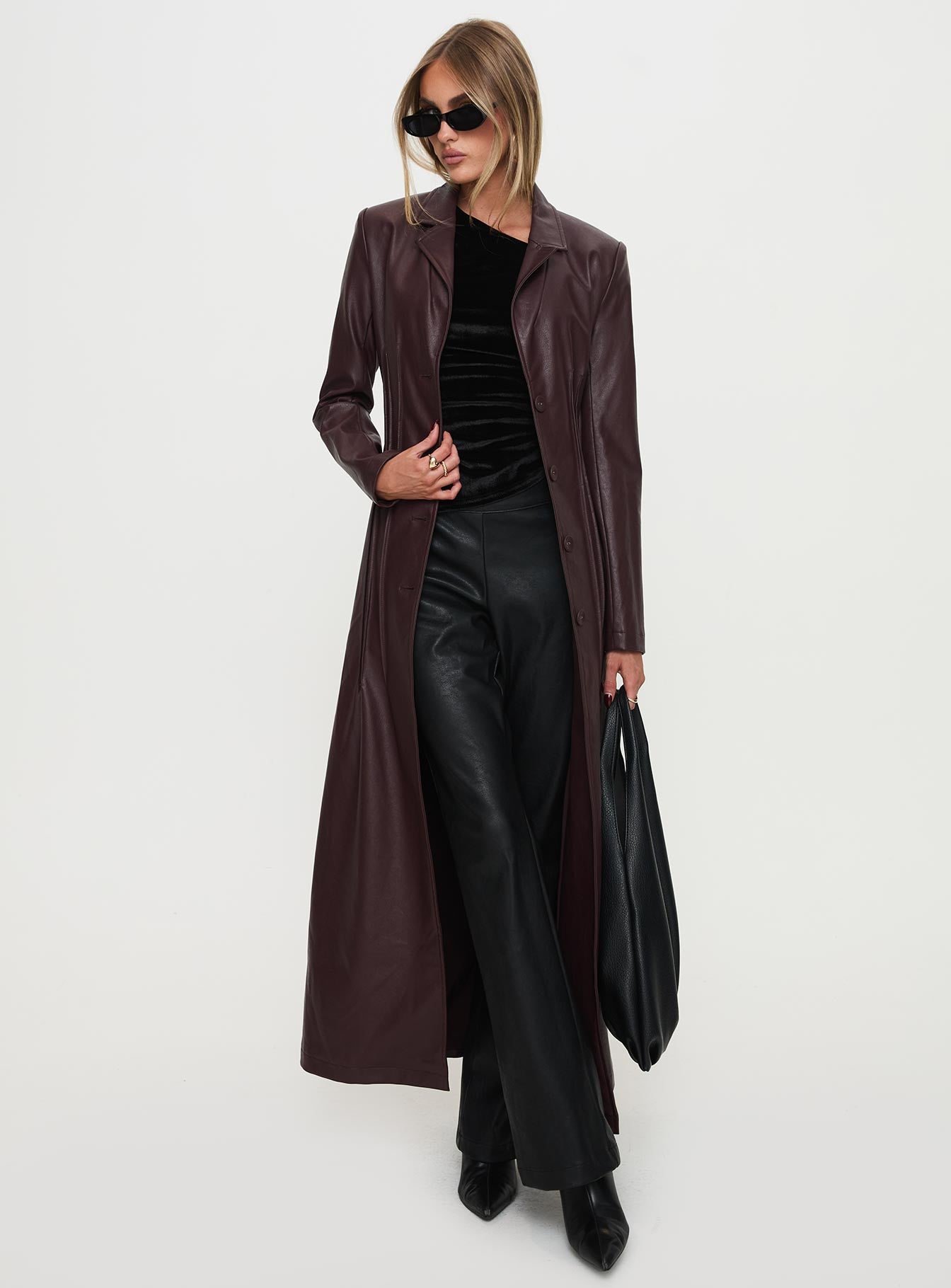 Speak Easy Long Line Faux Leather Coat Burgundy Clearance Affordable