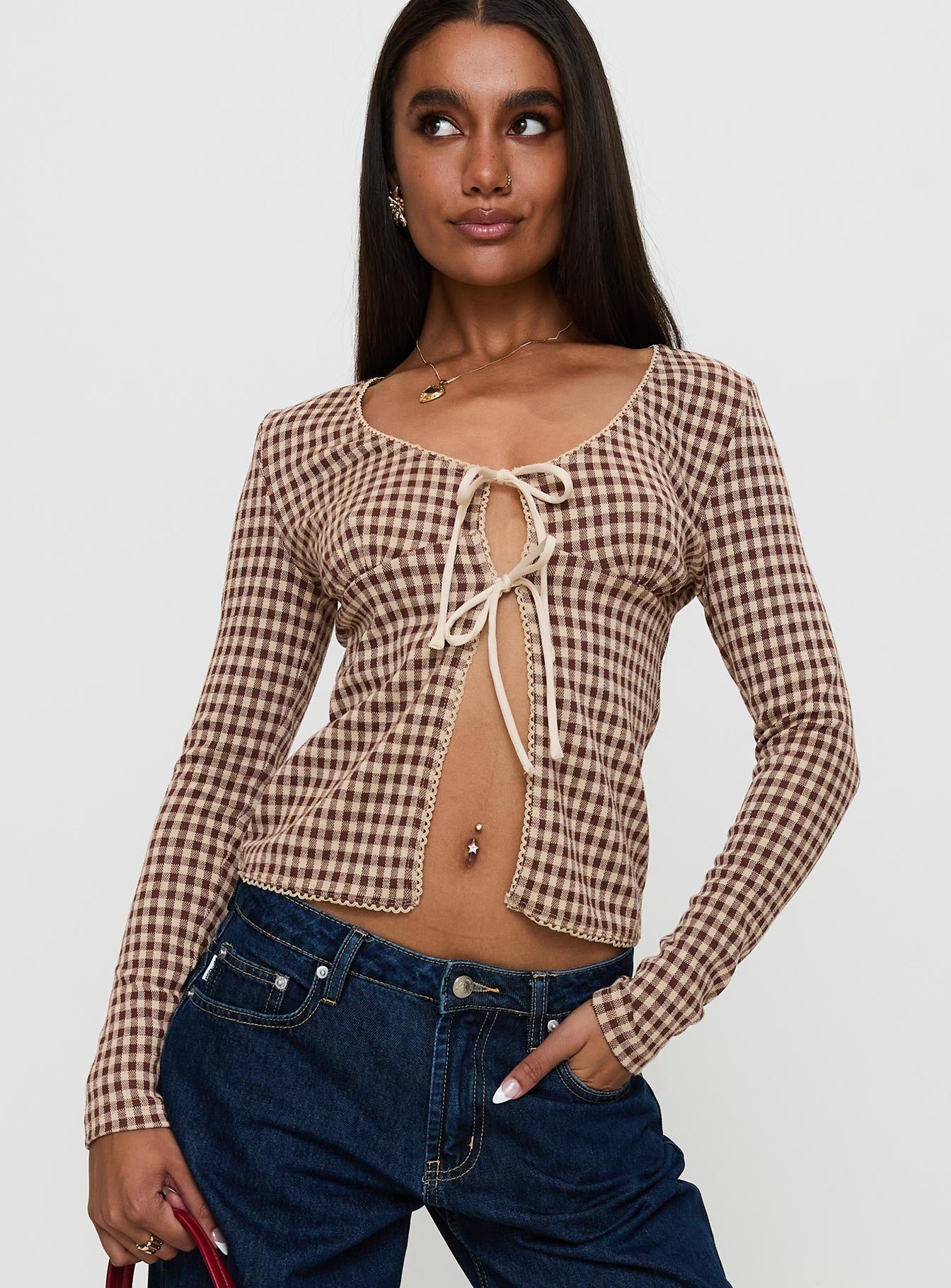 Maemi Long Sleeve Tie Up Top Brown Check Buy Cheap Best Place