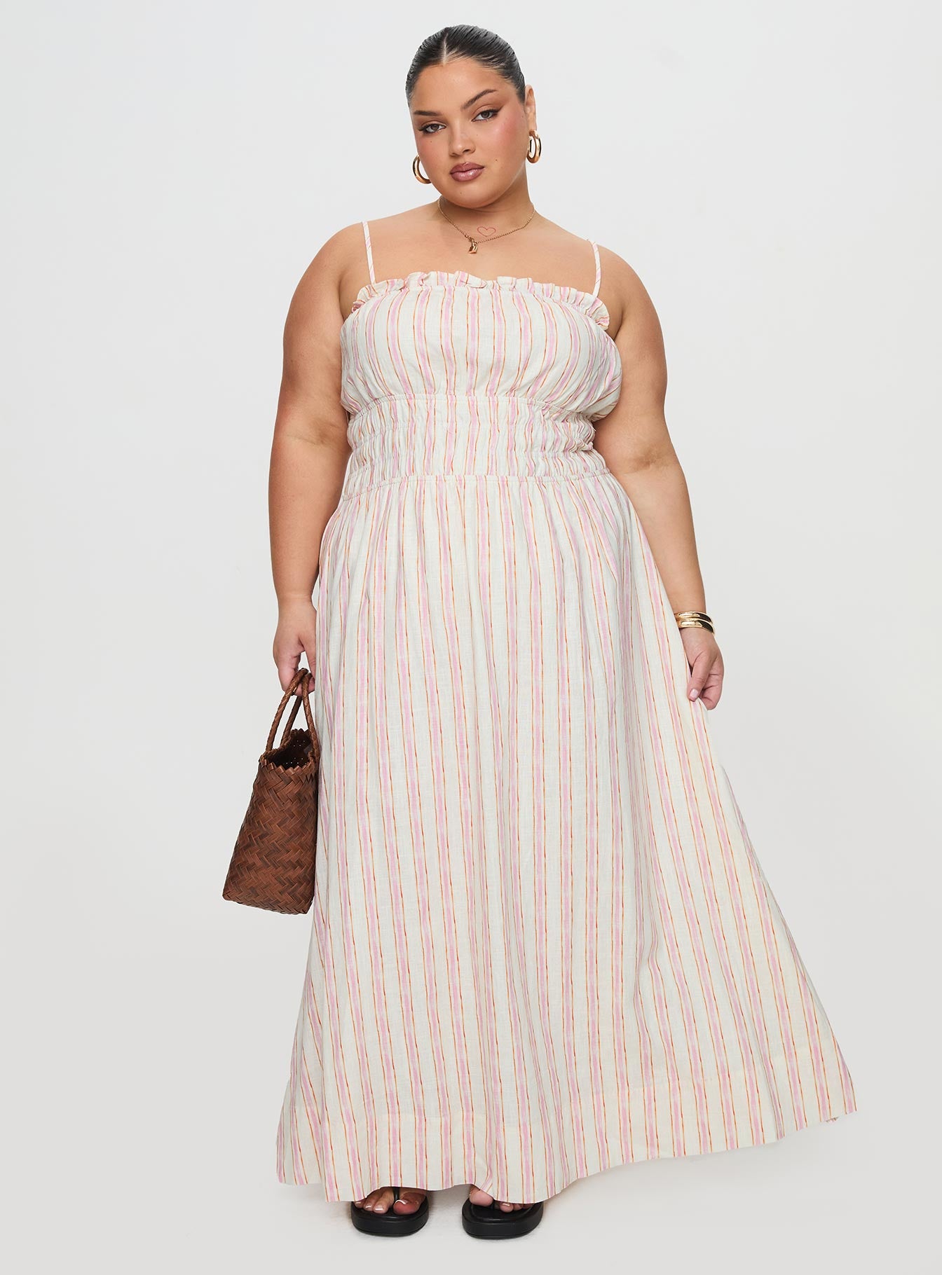 Persephone Shirring Linen Maxi Dress Pink Stripe Curve Discount Best Seller