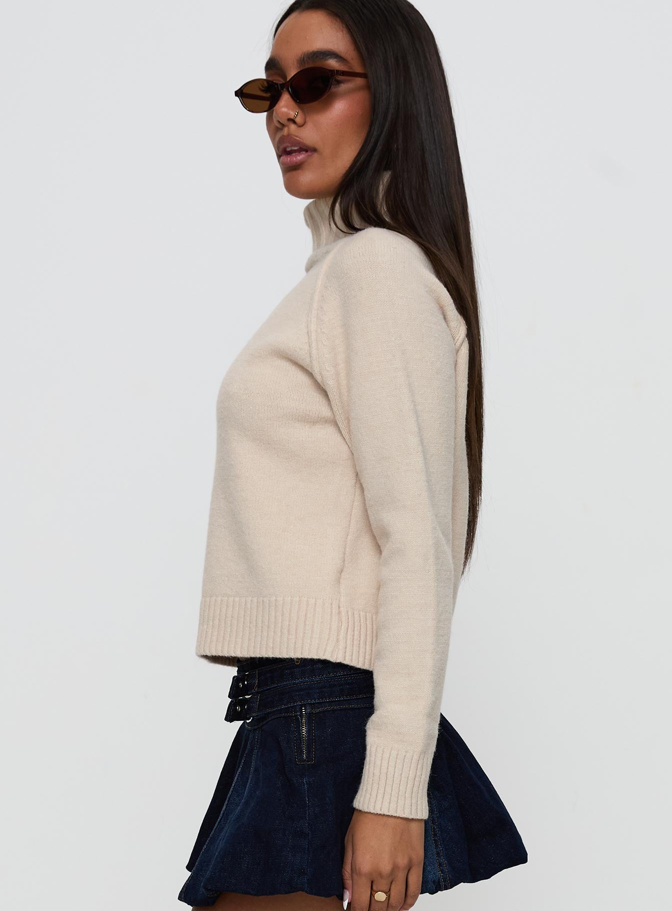 Enrica Funnel Neck Knit Sweater Cream Cheap Supply