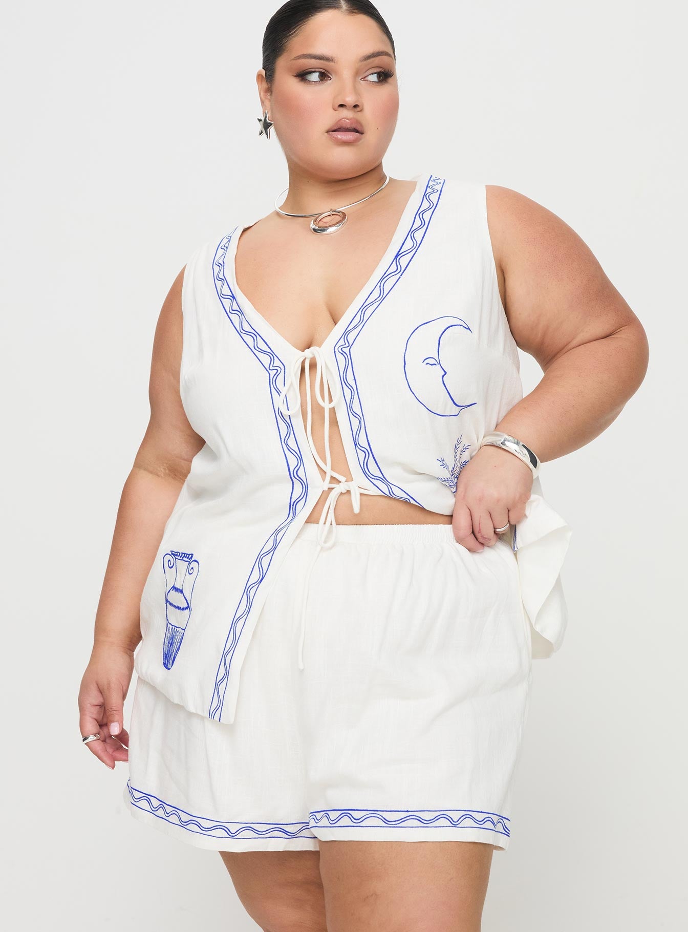 Sun And Palm Trees Vest Set White / Blue Curve Looking For For Sale