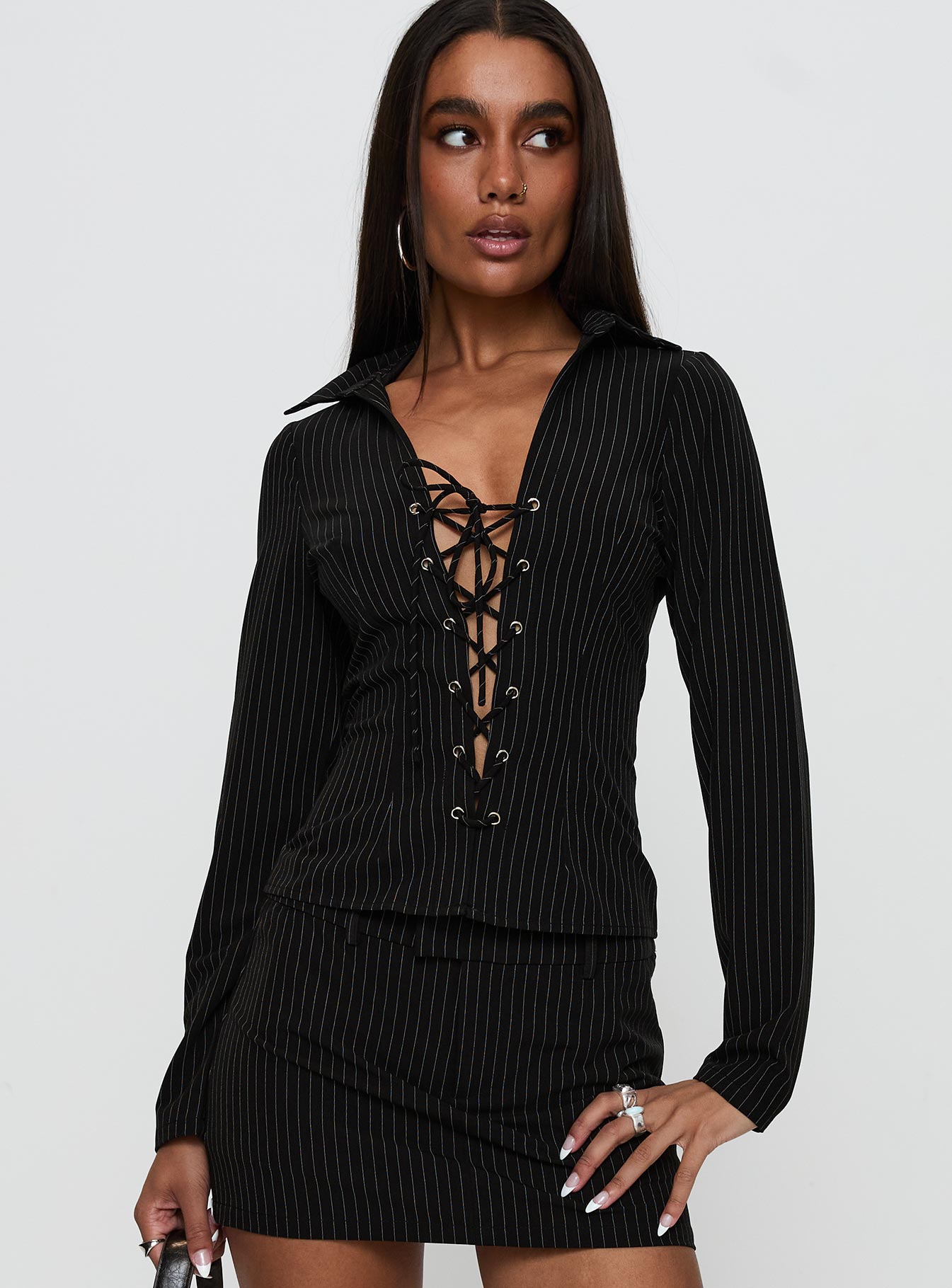 Feminique Tie Up Long Sleeve Top Black Stripe With Mastercard Cheap Online