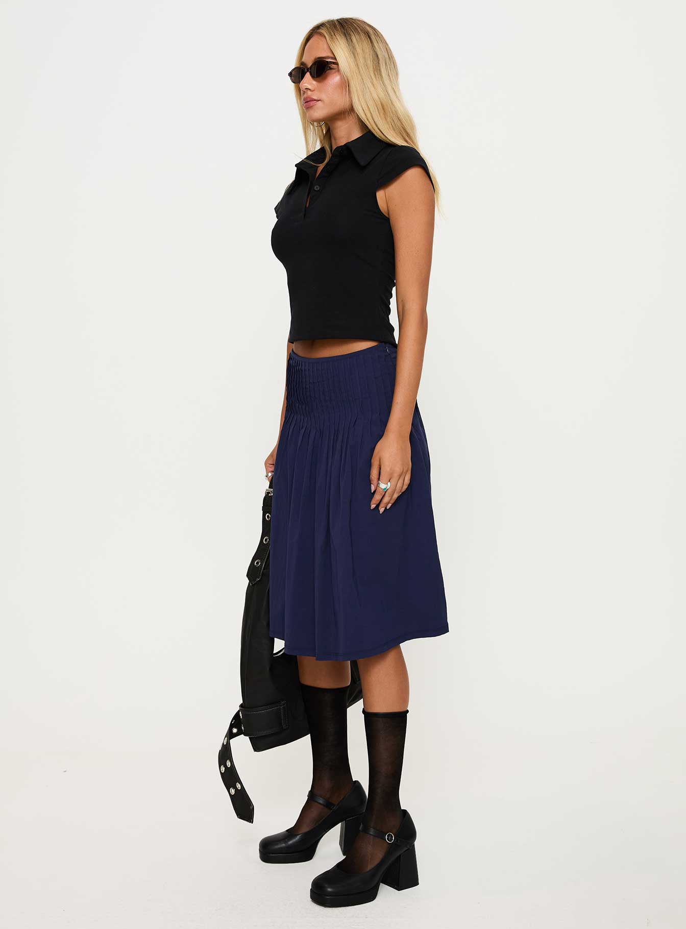 Elaila Pleat Midi Skirt Navy Clearance Amazing Pice