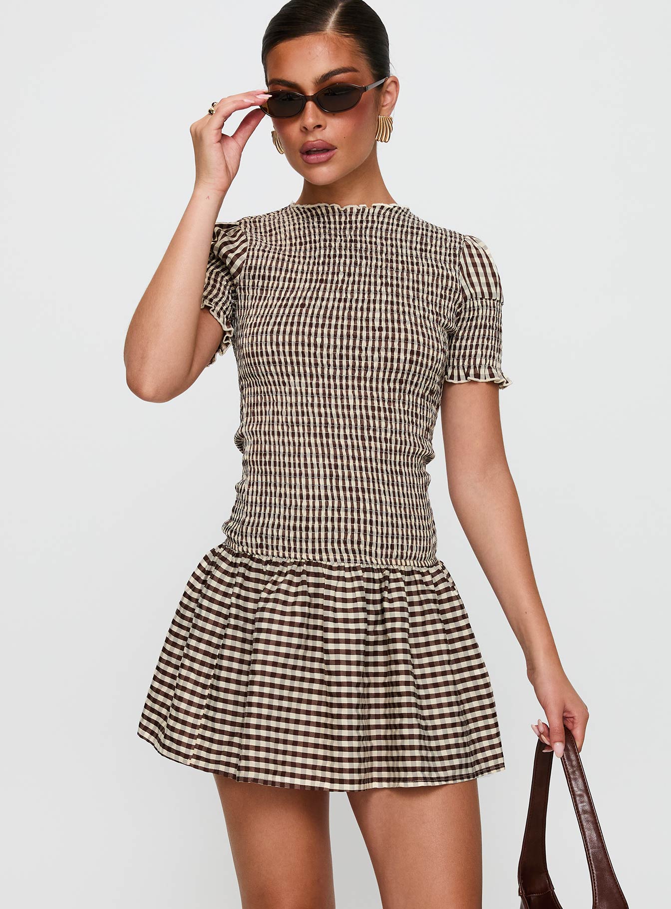 Laurita Shirred Mini Dress Brown Check Clearance With Mastercard