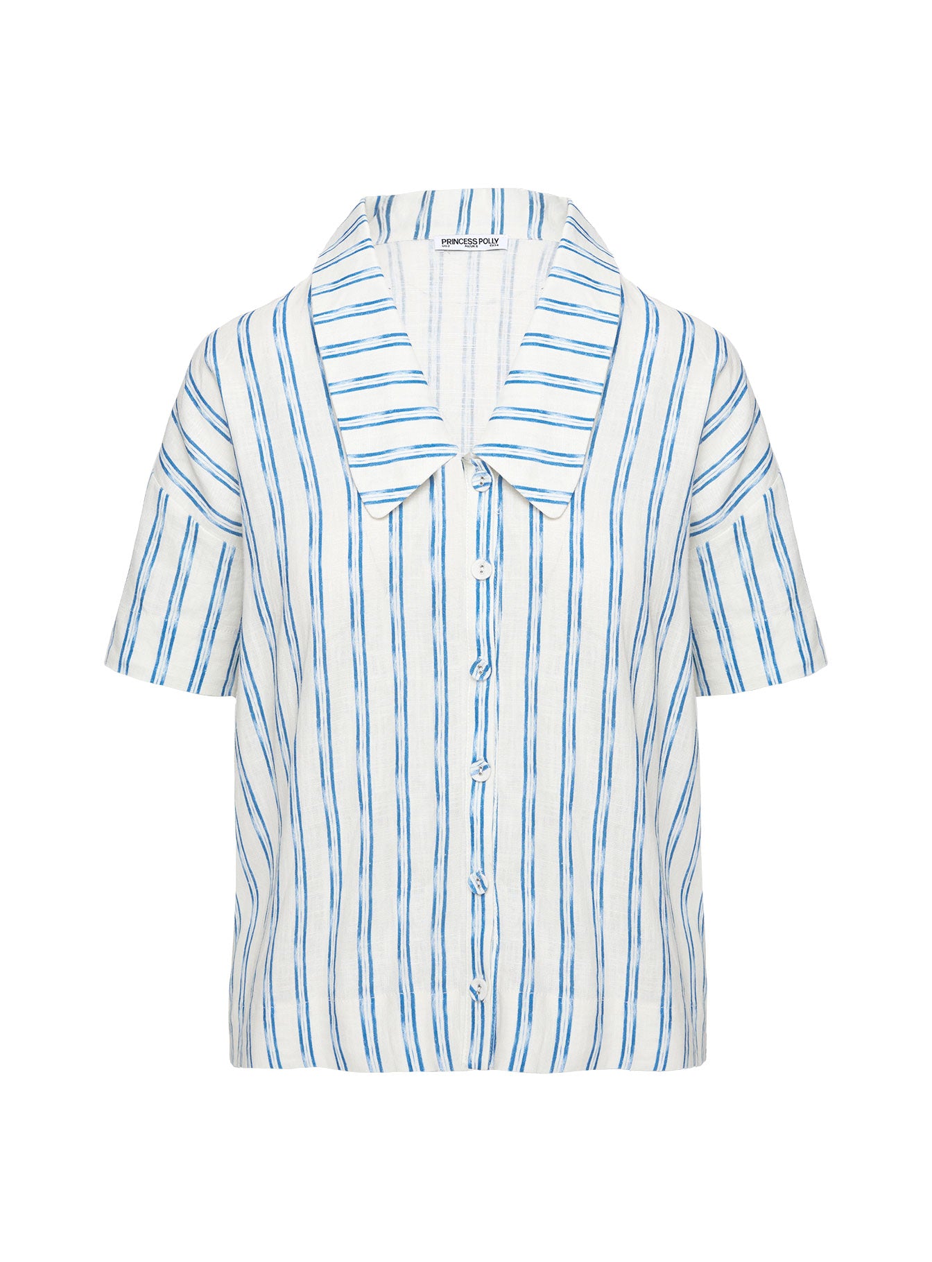 Goody Linen Button Front Top Blue Stripe View Cheap Online