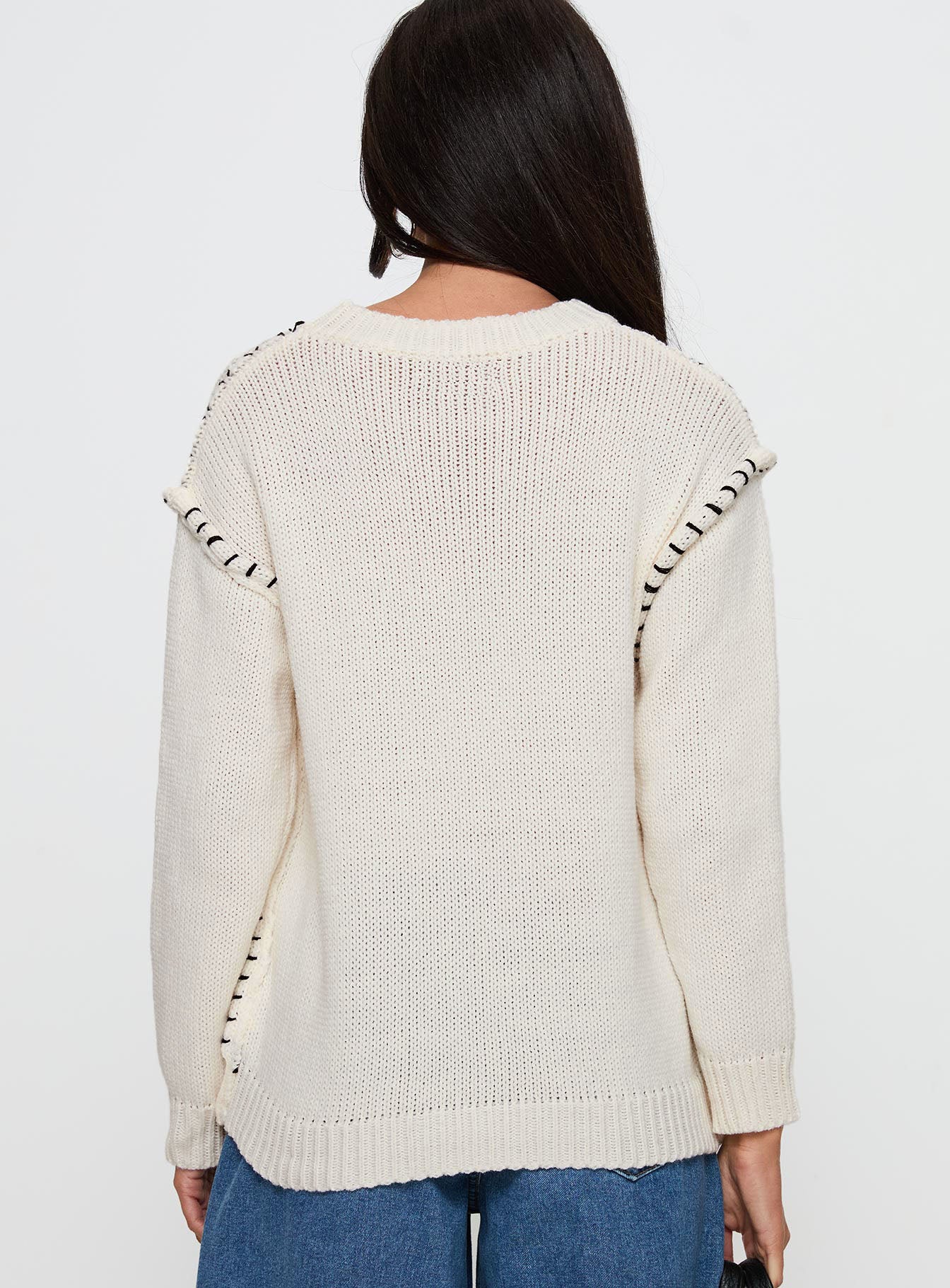 Change The Weather Contrast Stitch Knit Sweater Cream Collections Cheap Pice