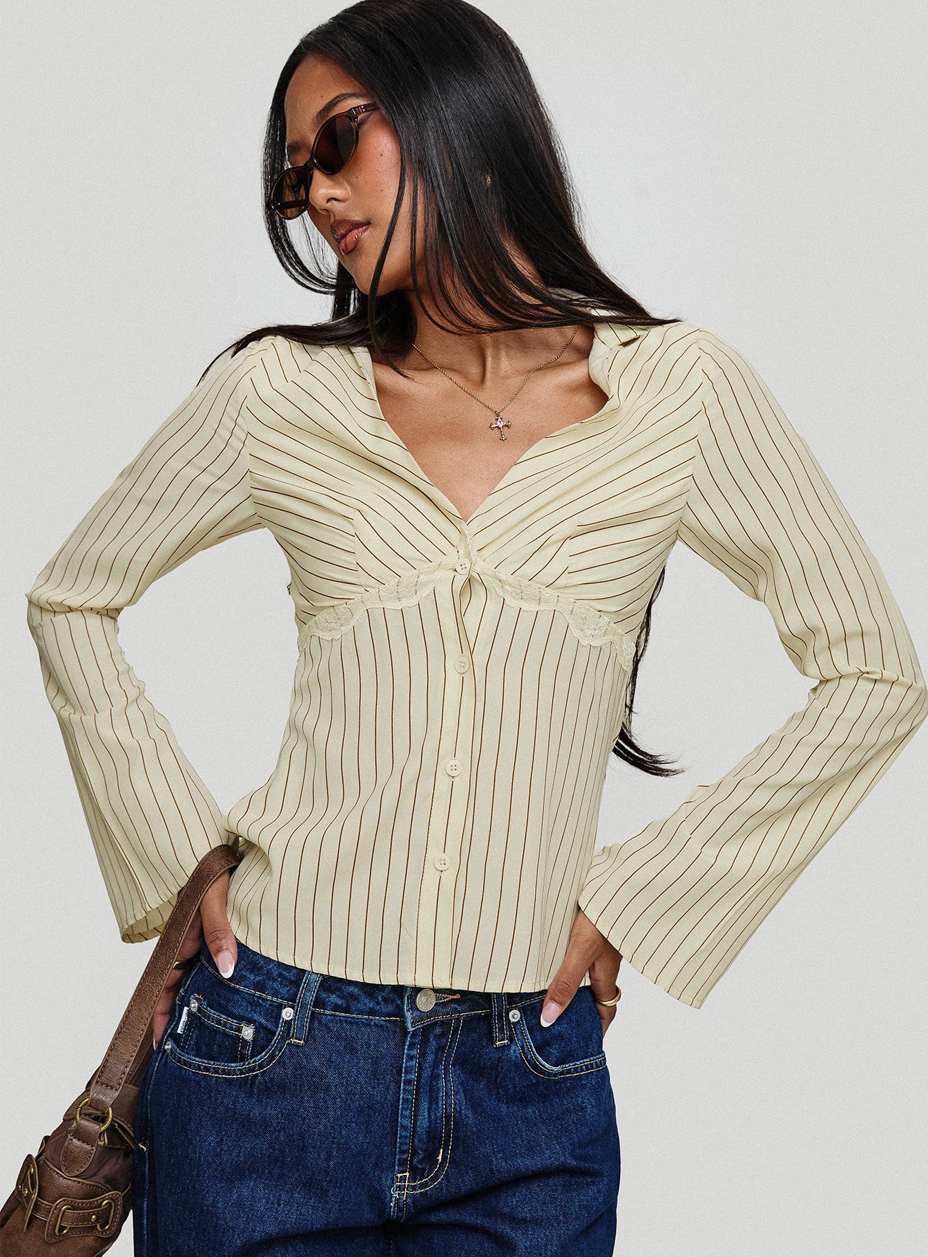 Life Begins Long Sleeve Lace Trim Top Cream Stripe Cheap Sale Shop