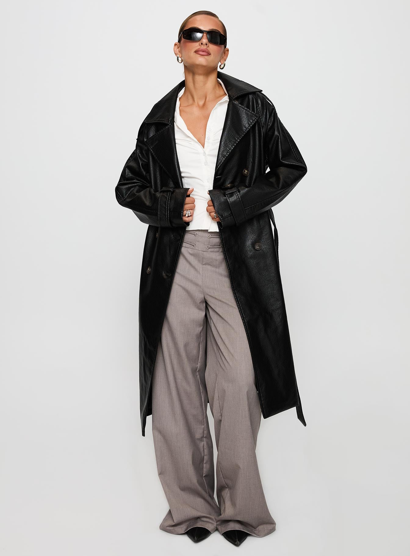 Think Later Faux Leather Trench Coat Black Free Shipping