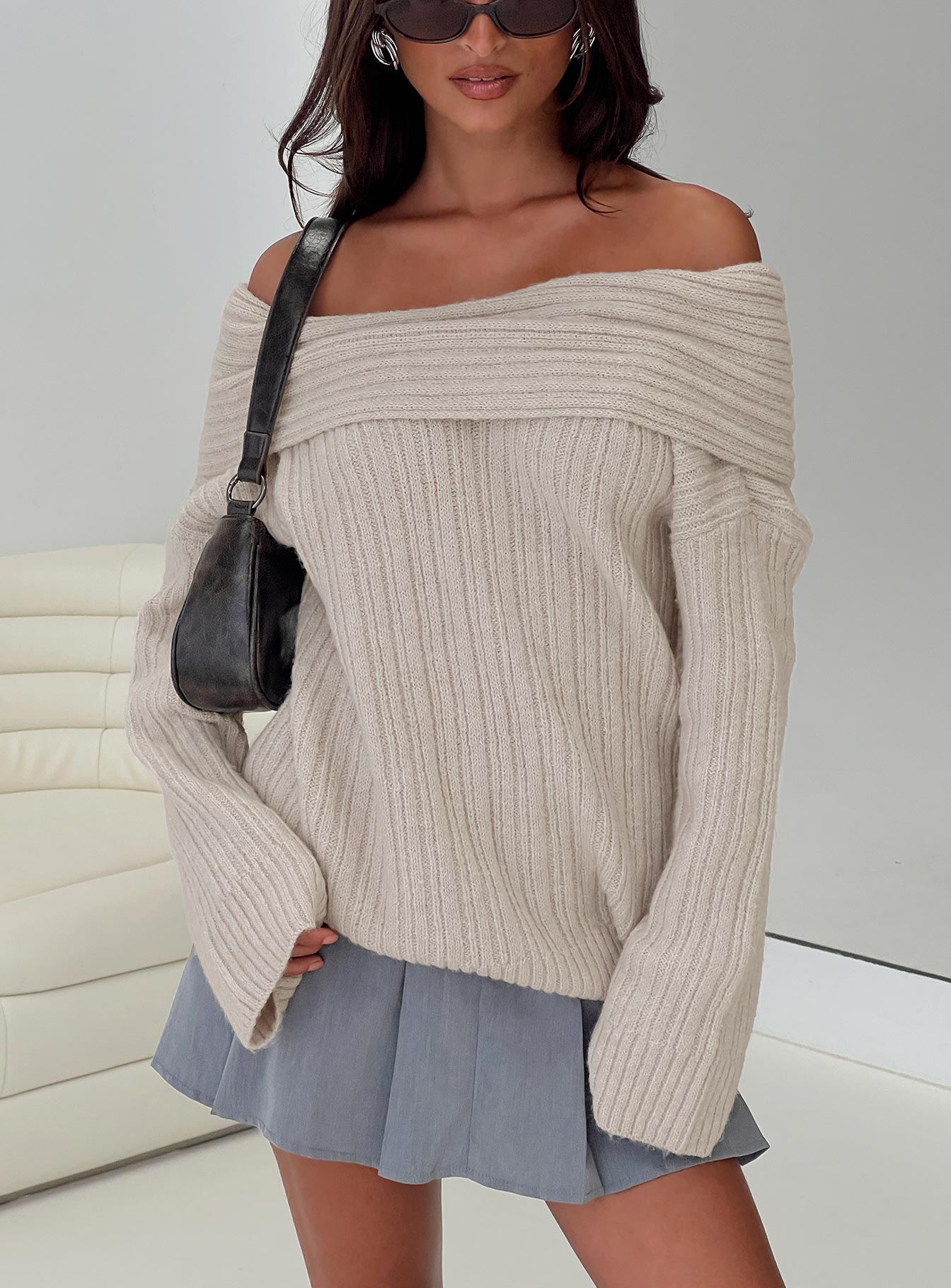 Mirrelle Off Shoulder Knit Sweater Beige Discount Best Store To Get