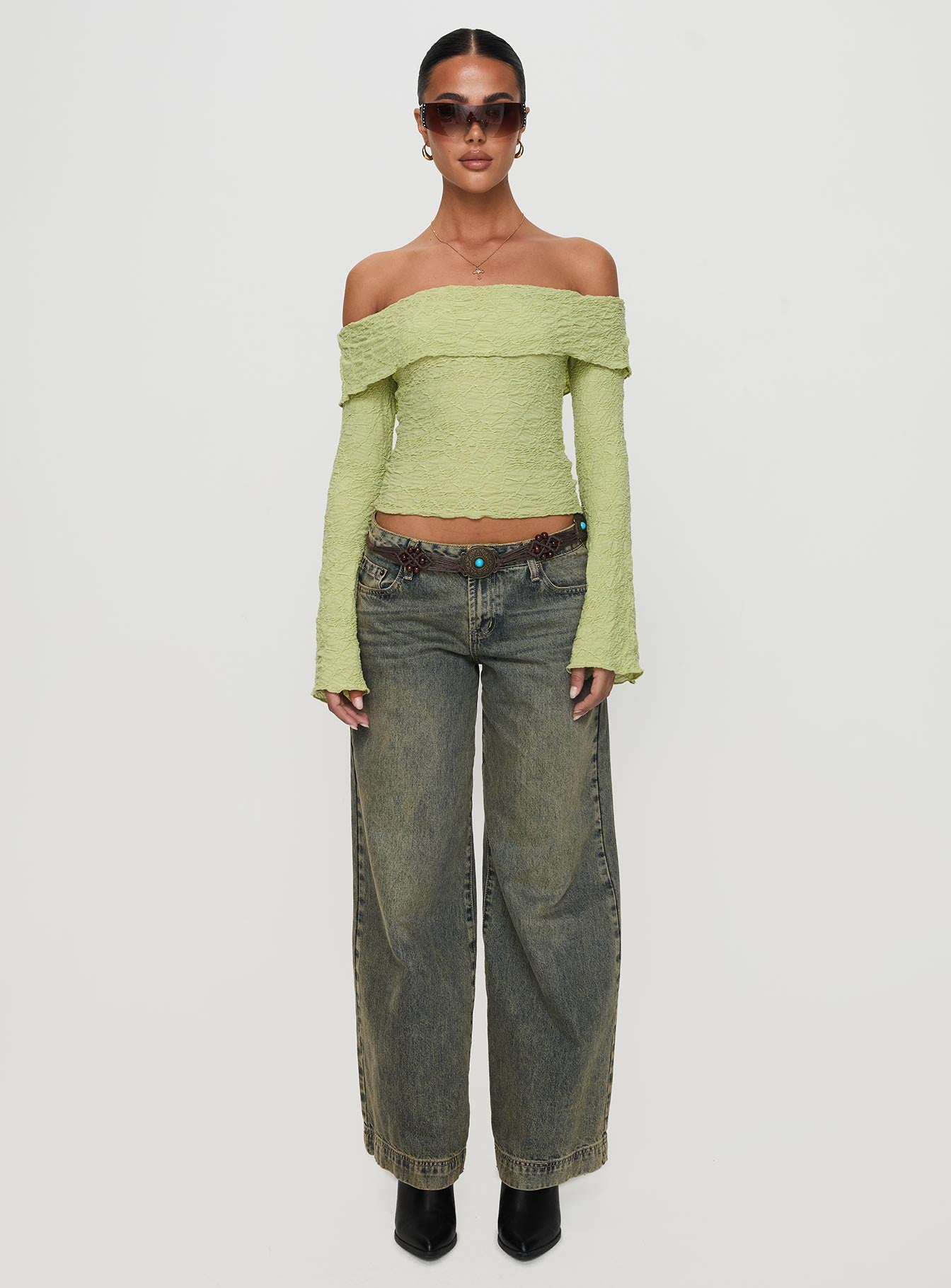 Back With Love Off Shoulder Long Sleeve Top Green Free Shipping Looking For