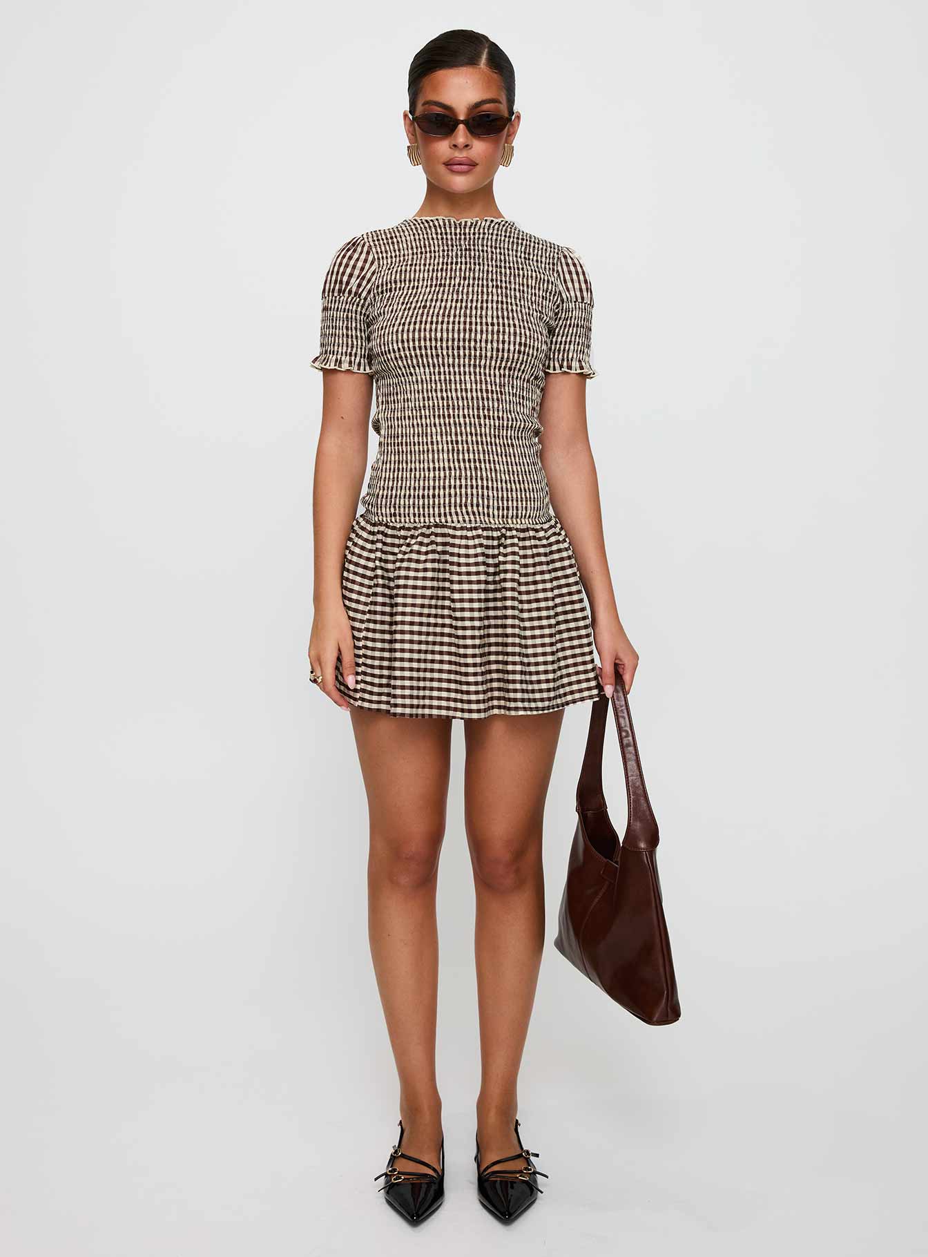 Laurita Shirred Mini Dress Brown Check Clearance With Mastercard