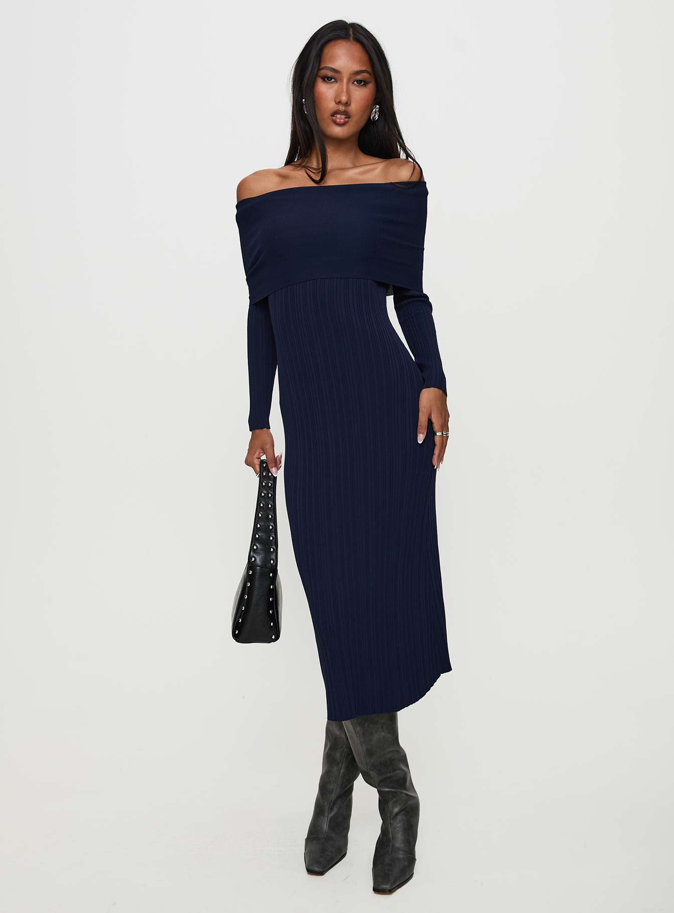 Flisse Long Sleeve Rib Maxi Dress Navy Cheap Pice Discount Authentic