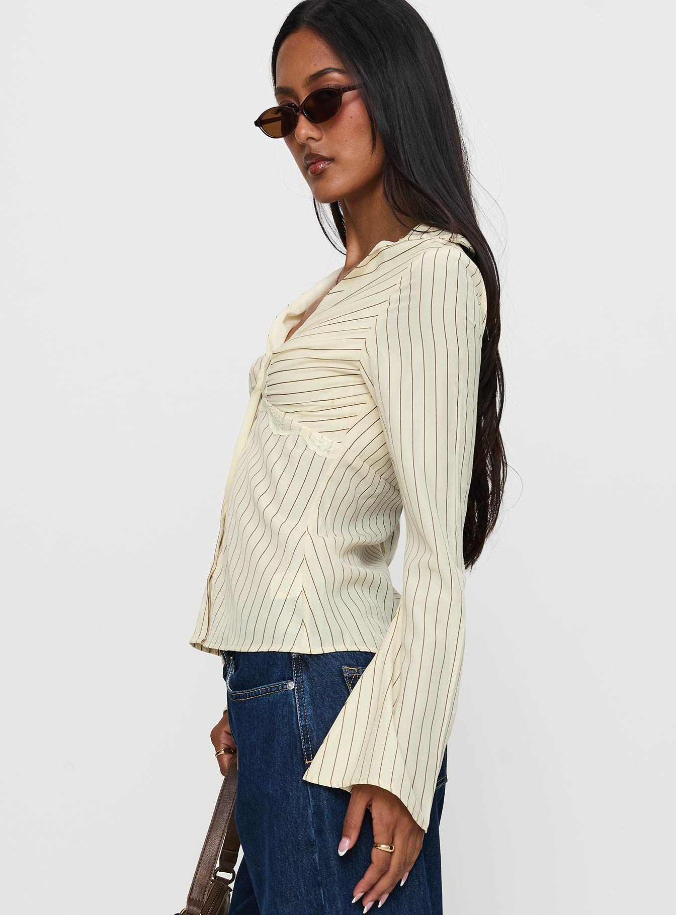 Life Begins Long Sleeve Lace Trim Top Cream Stripe Cheap Sale Shop