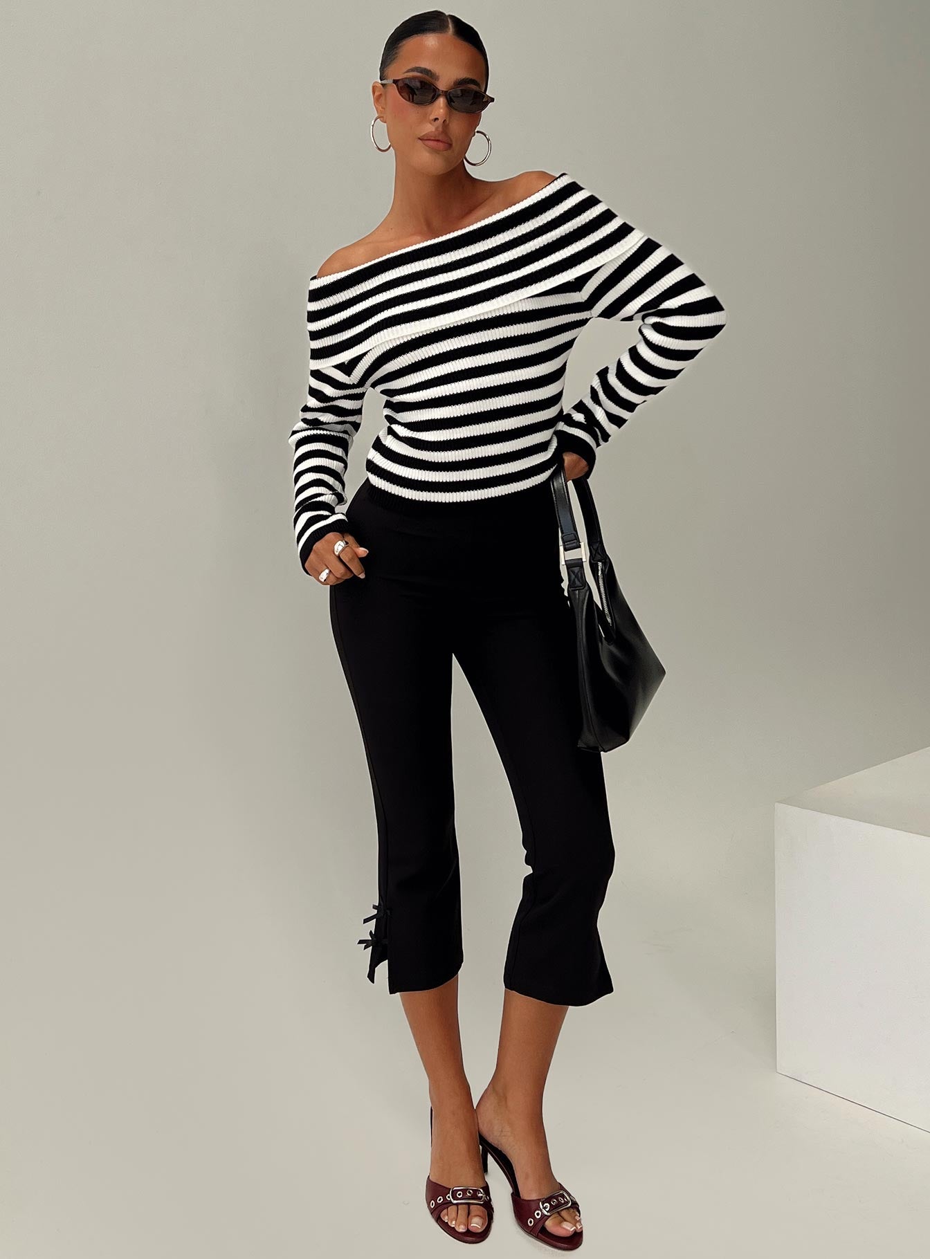 Danyel Off The Shoulder Sweater Black / White Stripe Sale Big Discount