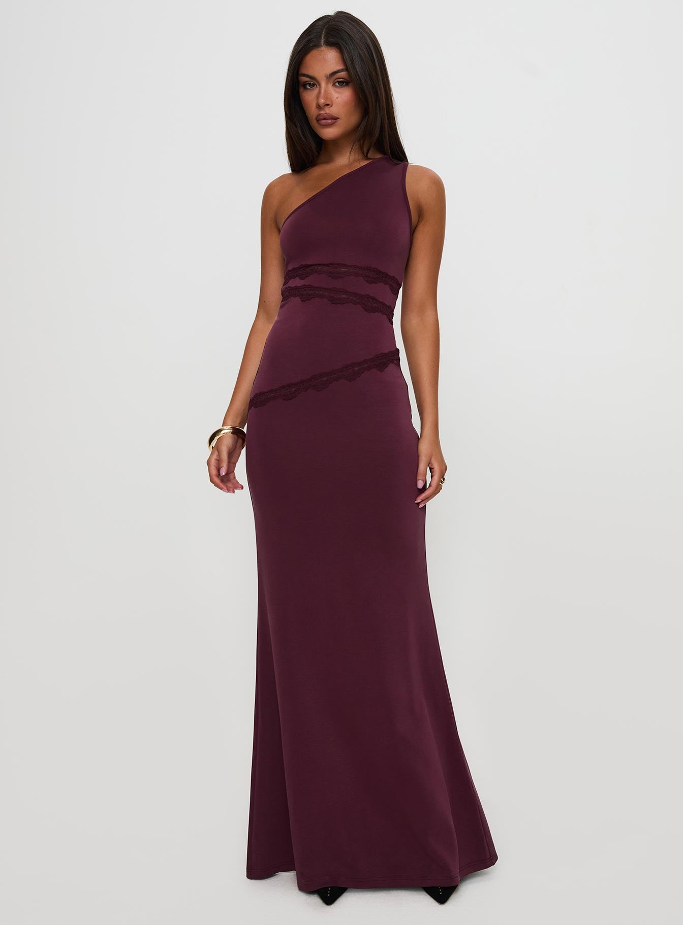 Ultraviolet One Shoulder Lace Maxi Dress Wine Clearance Clearance Store