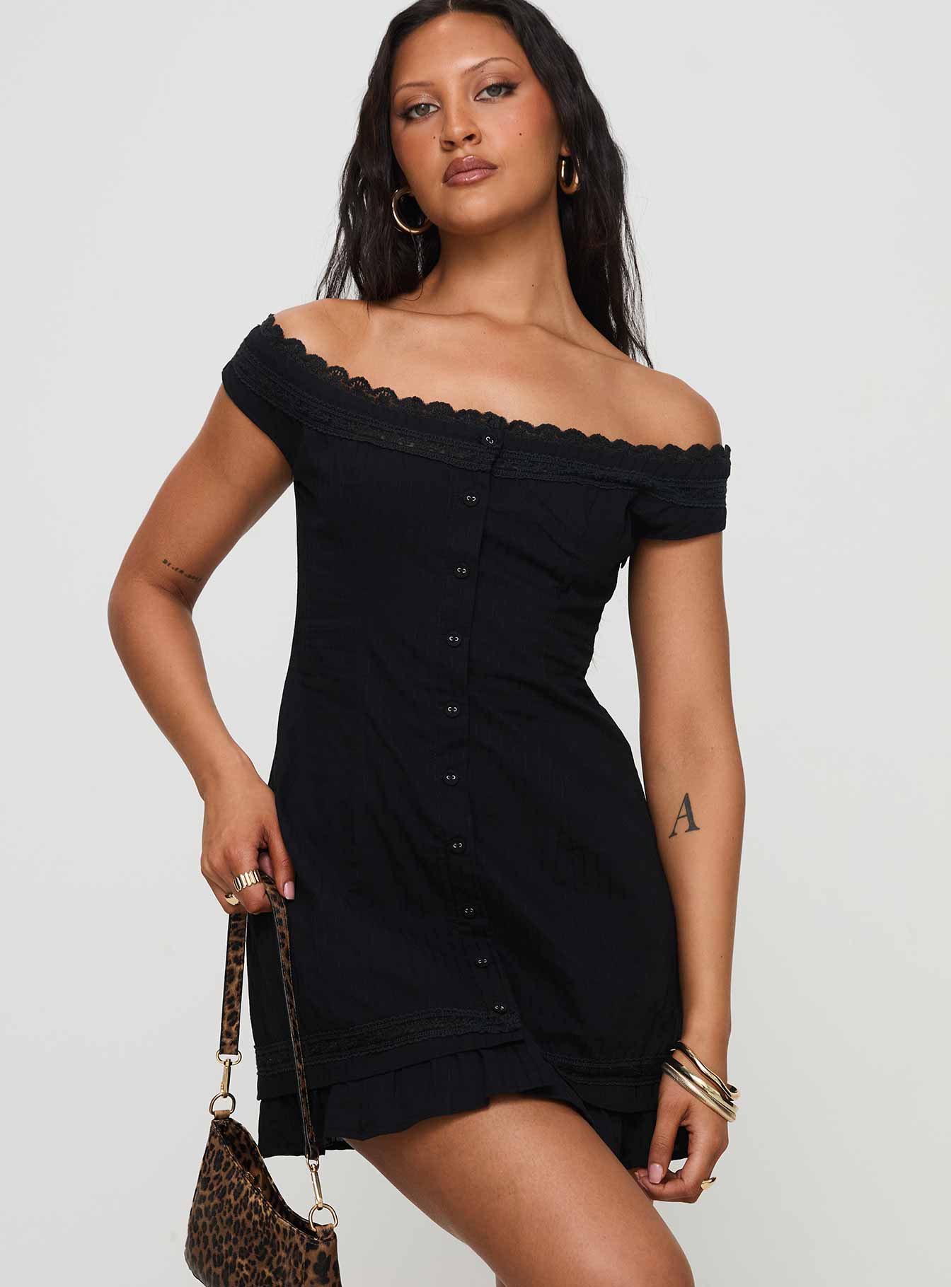 Mirrorball Off The Shoulder Mini Dress Black Clearance Affordable