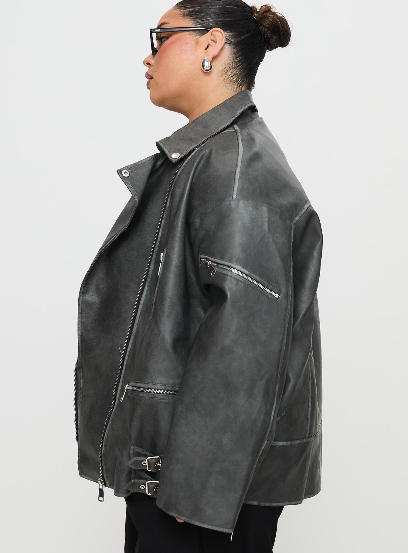 Magnets Faux Leather Jacket Washed Charcoal Curve Pay With Paypal