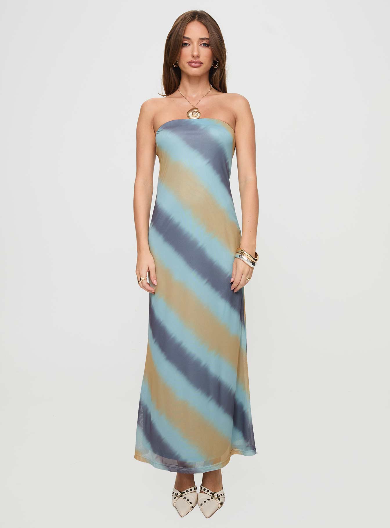 Celik Strapless Maxi Dress Blue / Brown Authentic For Sale