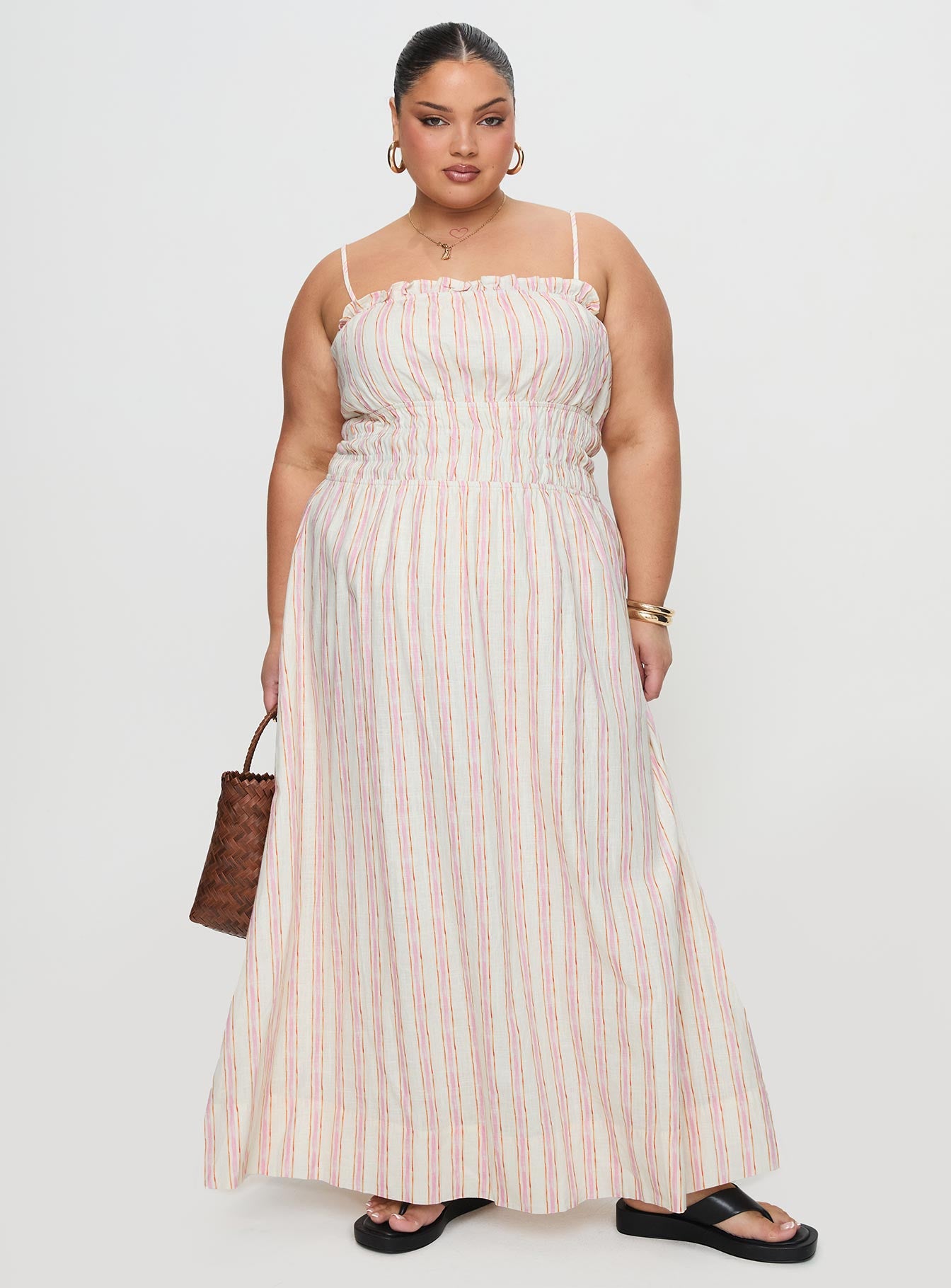 Persephone Shirring Linen Maxi Dress Pink Stripe Curve Discount Best Seller