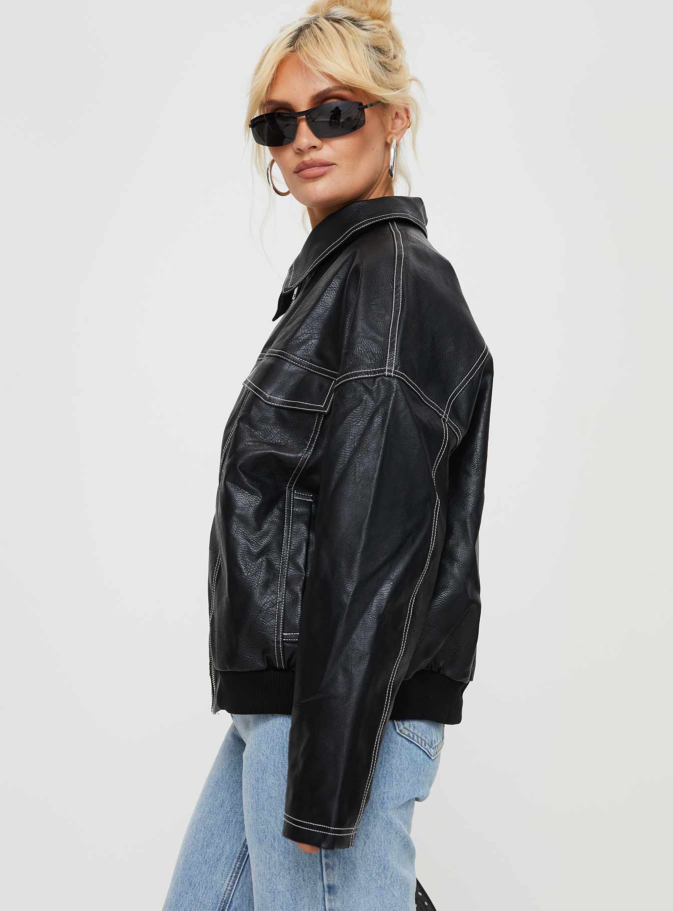 Kingsley Contrast Stitch Pu Jacket Black Sale Discount