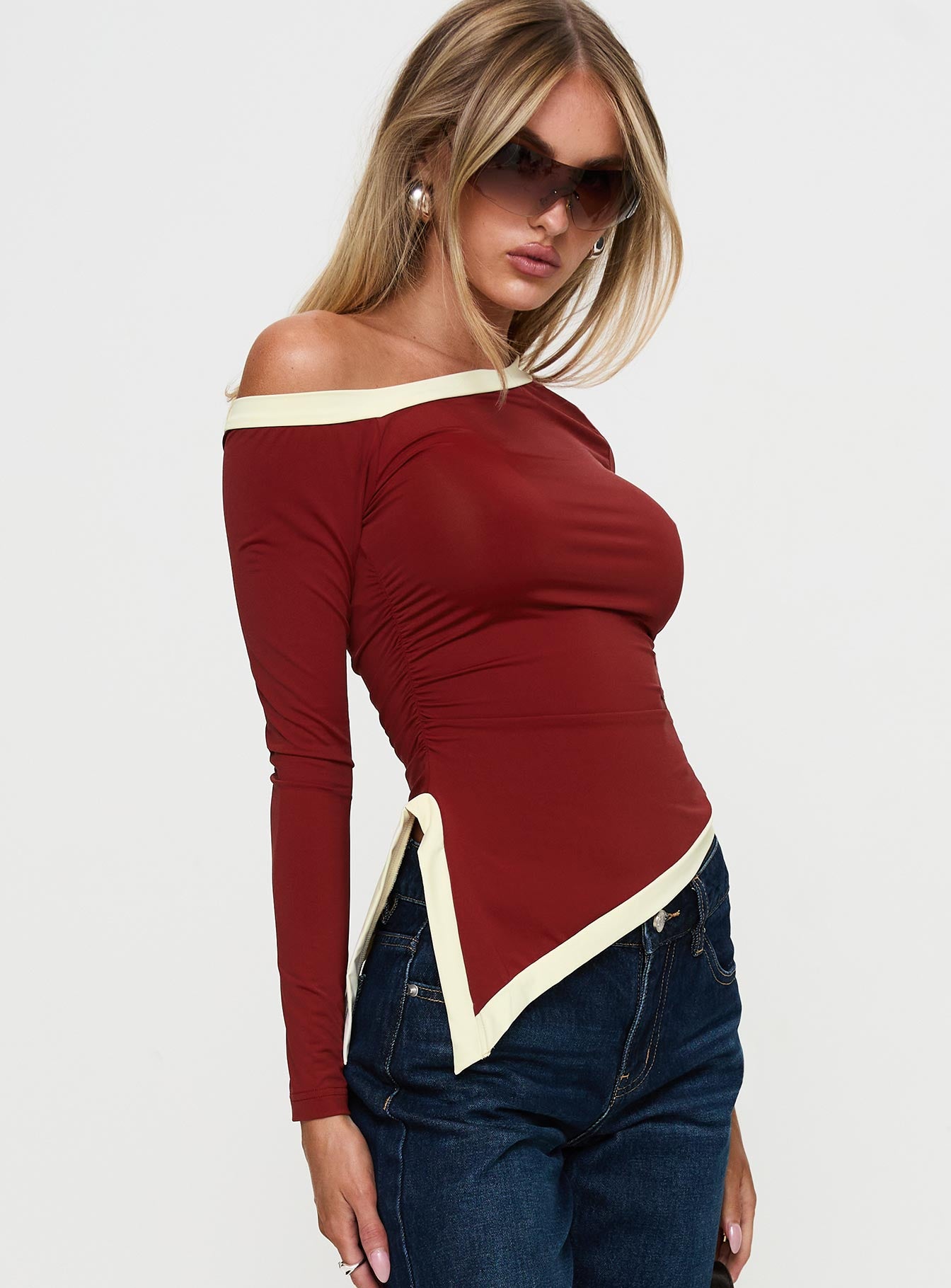 Fake Smile Long Sleeve Top Burgundy / Cream Sale Top Quality