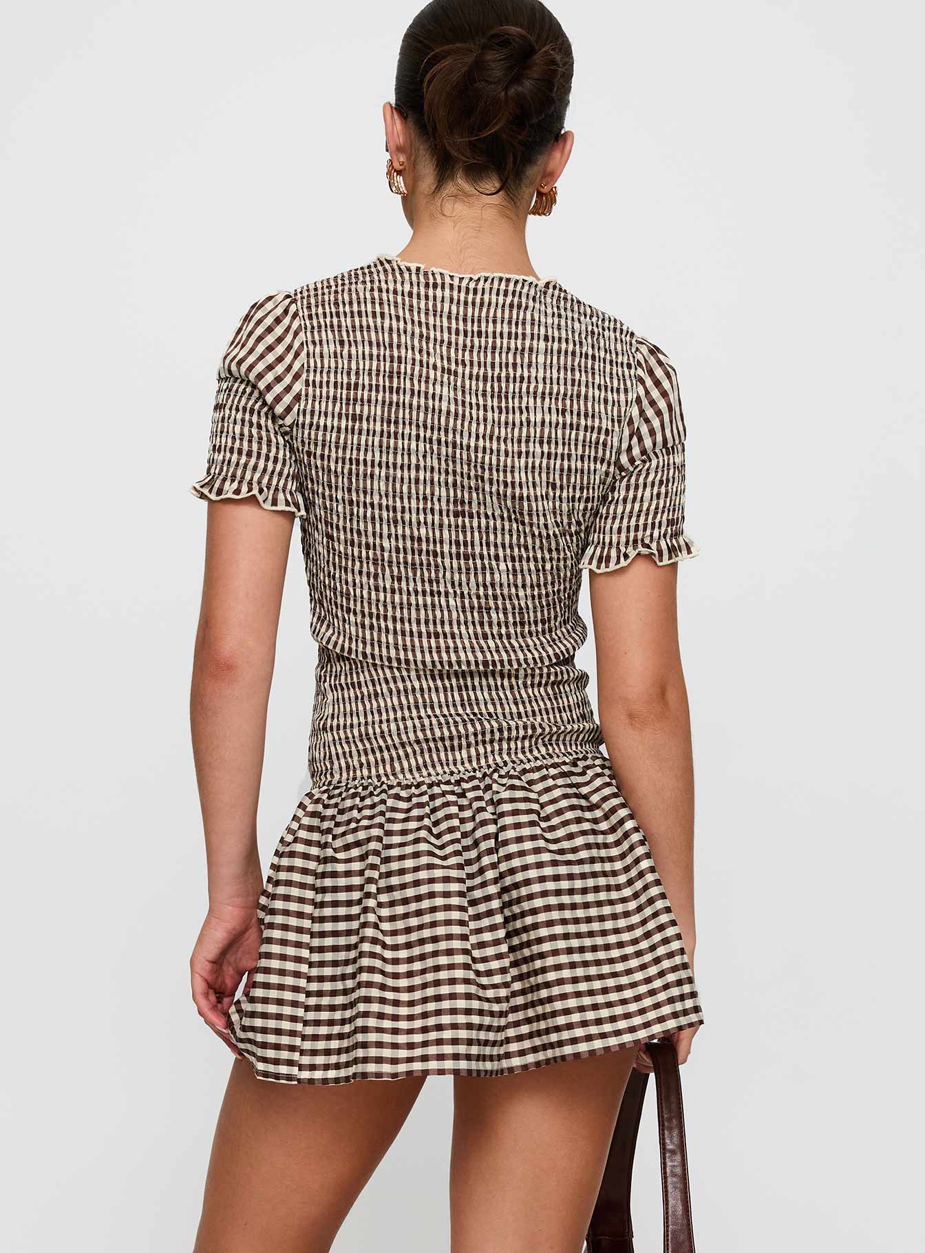 Laurita Shirred Mini Dress Brown Check Clearance With Mastercard