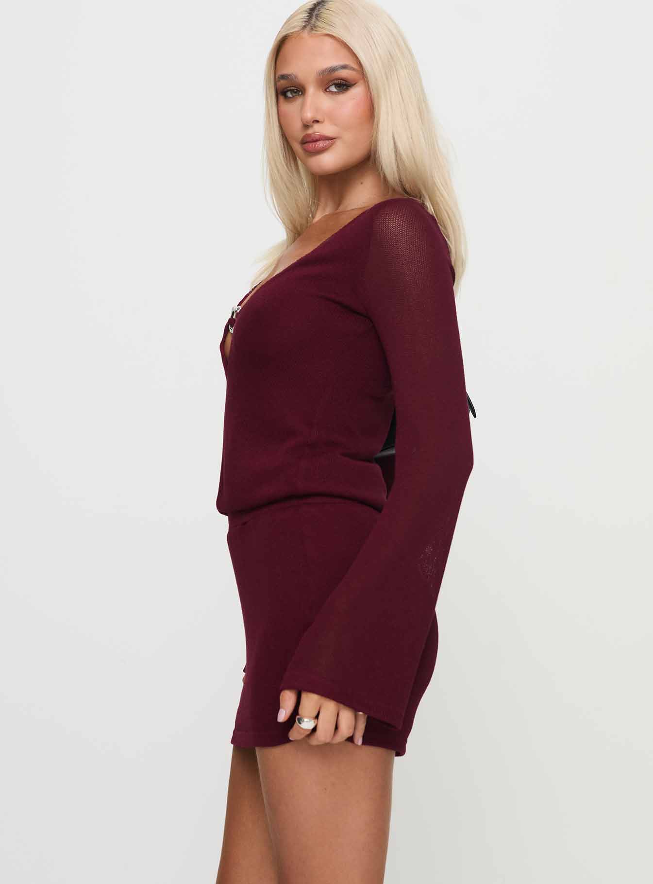 Charming Long Sleeve Mini Dress Maroon Very Cheap Pice