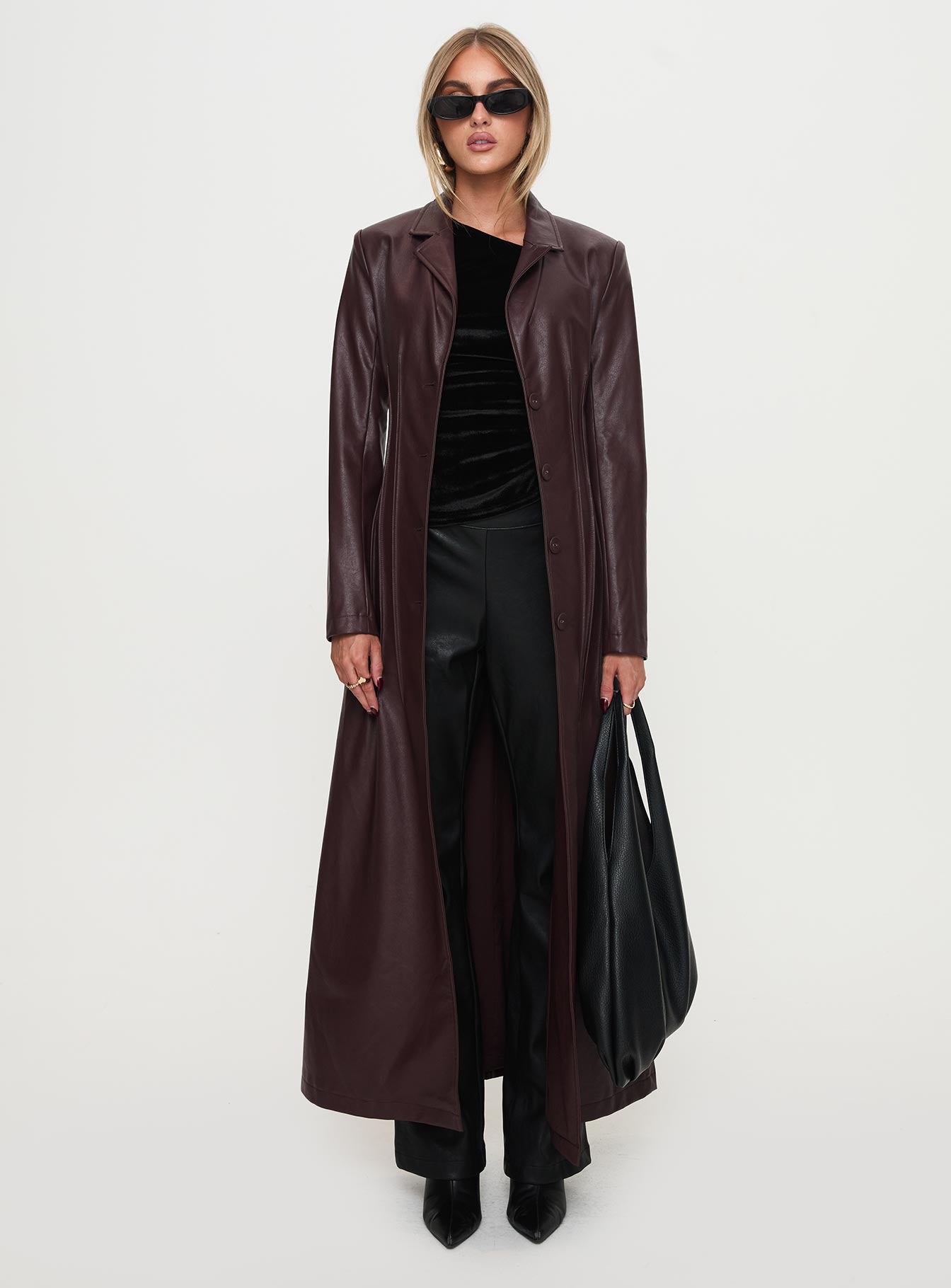 Speak Easy Long Line Faux Leather Coat Burgundy Clearance Affordable