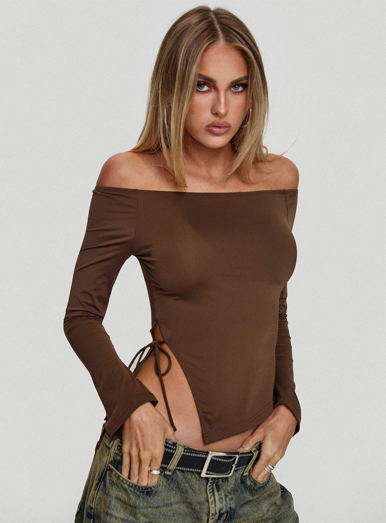 Endellion Off Shoulder Long Sleeve Top Chocolate Manchester For Sale