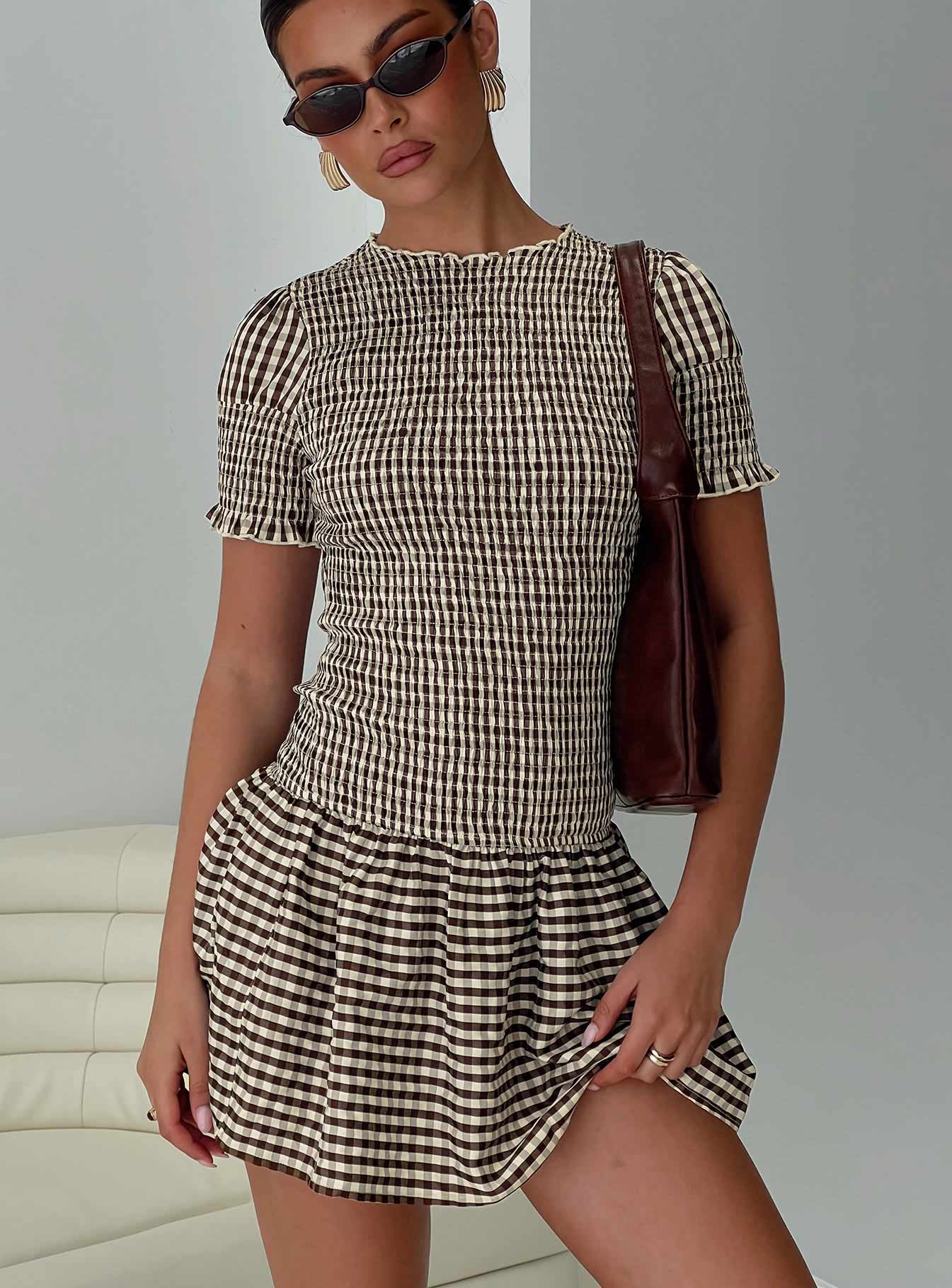 Laurita Shirred Mini Dress Brown Check Clearance With Mastercard