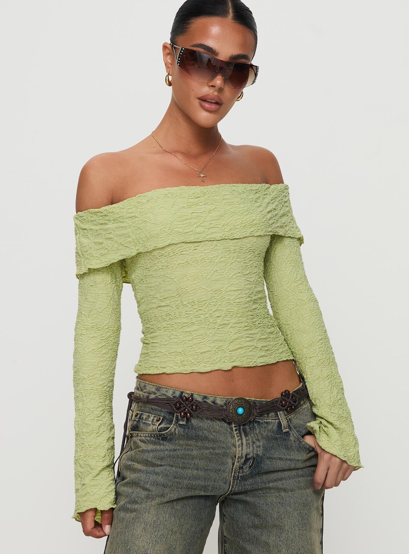 Back With Love Off Shoulder Long Sleeve Top Green Free Shipping Looking For