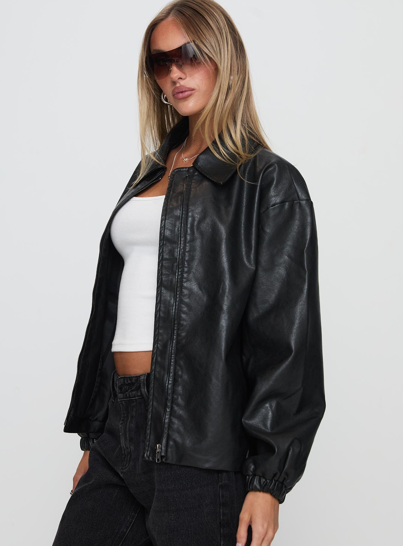 Missed Call Faux Leather Bomber Jacket Black Professional Cheap Pice