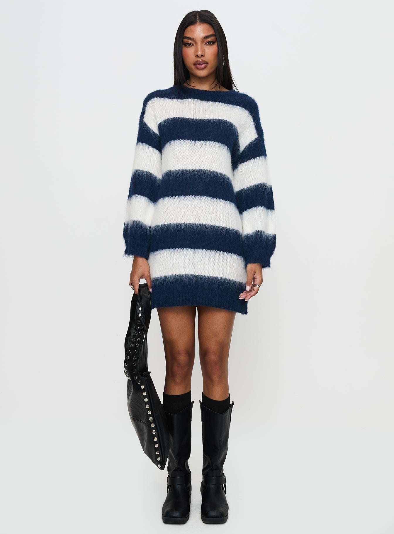 Iryna Long Sleeve Knit Mini Dress Navy / White Stripe Cheap Best Sale