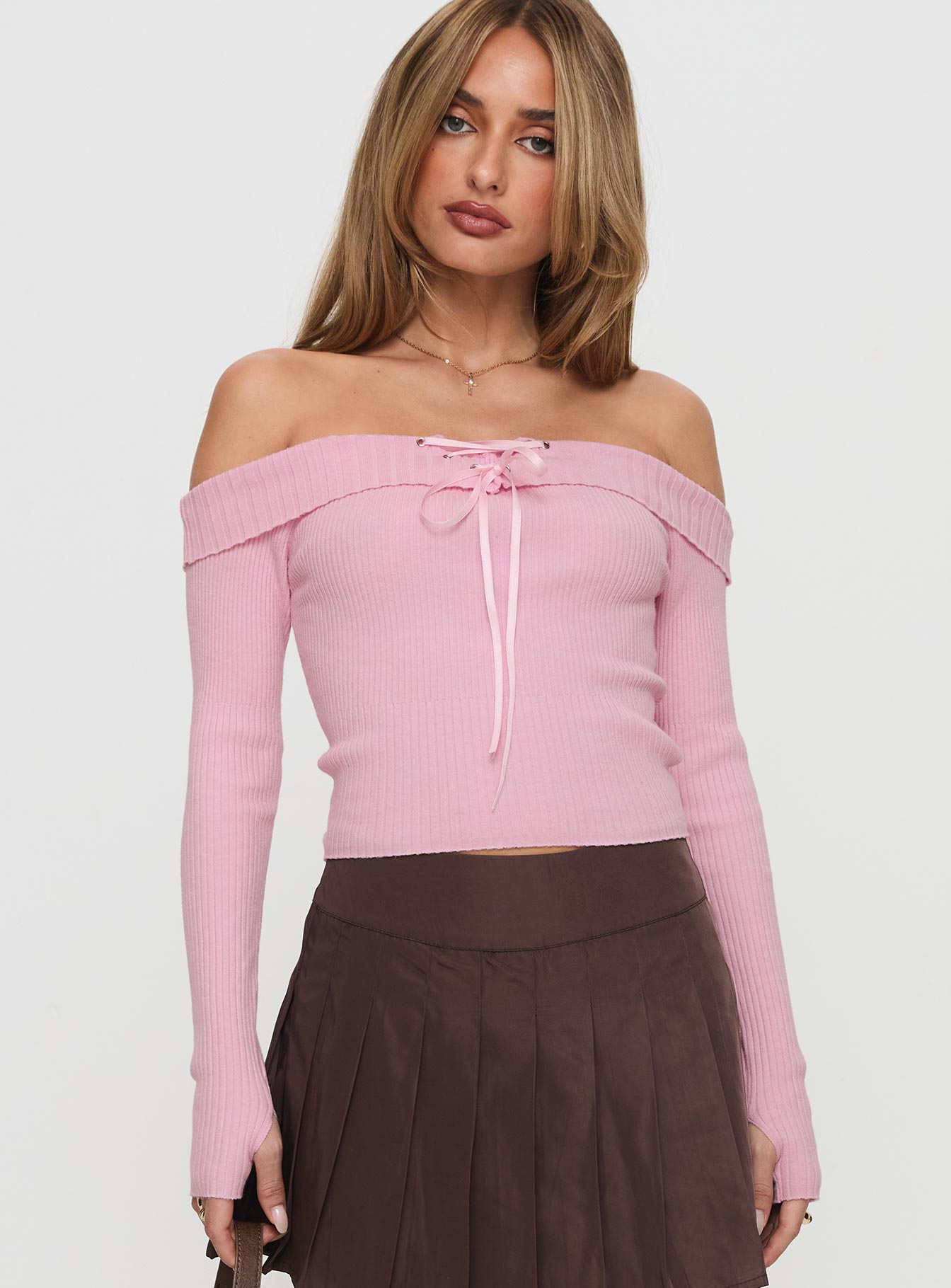 Nighttime Off Shoulder Knit Top Pink Discount Online Online