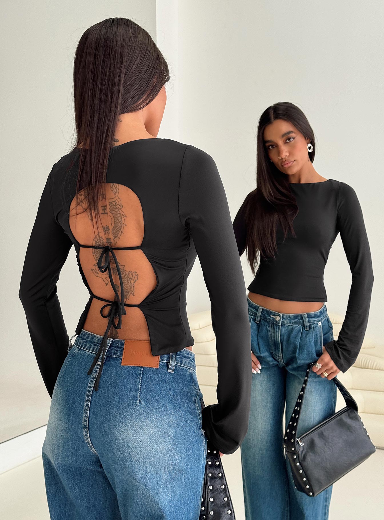 Lifes Good Long Sleeve Backless Top Black Reliable