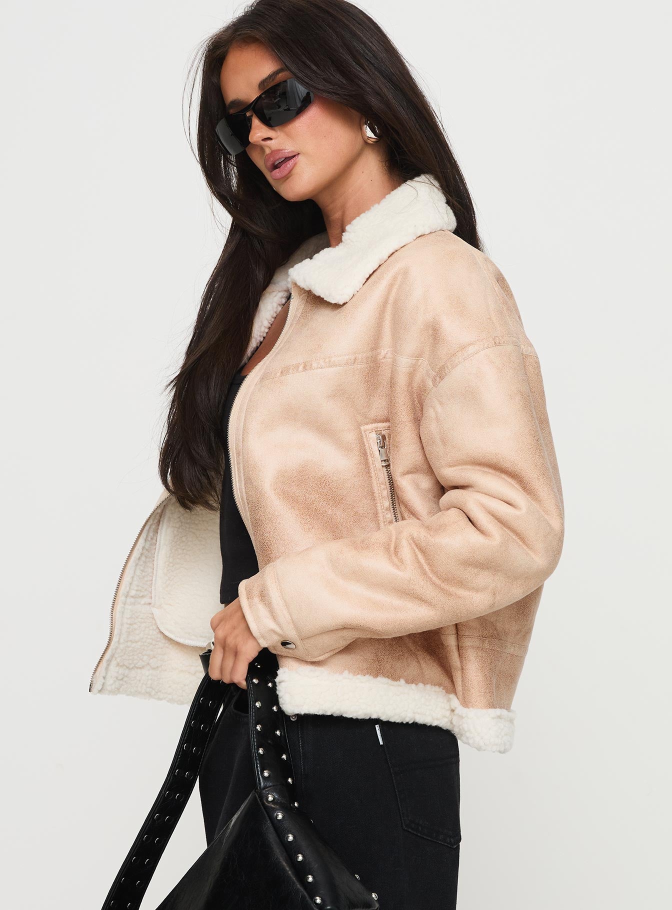 Solara Faux Leather Shearling Jacket Beige Buy Cheap Comfortable