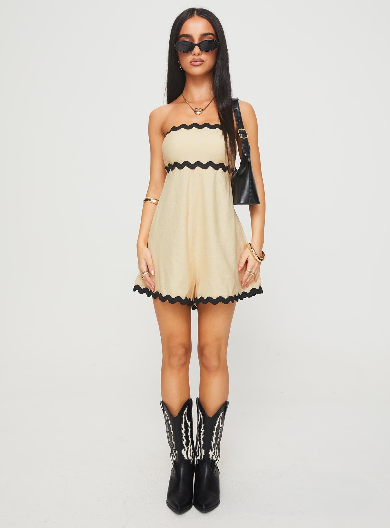 Gomiti Strapless Romper Beige / Black Explore Online