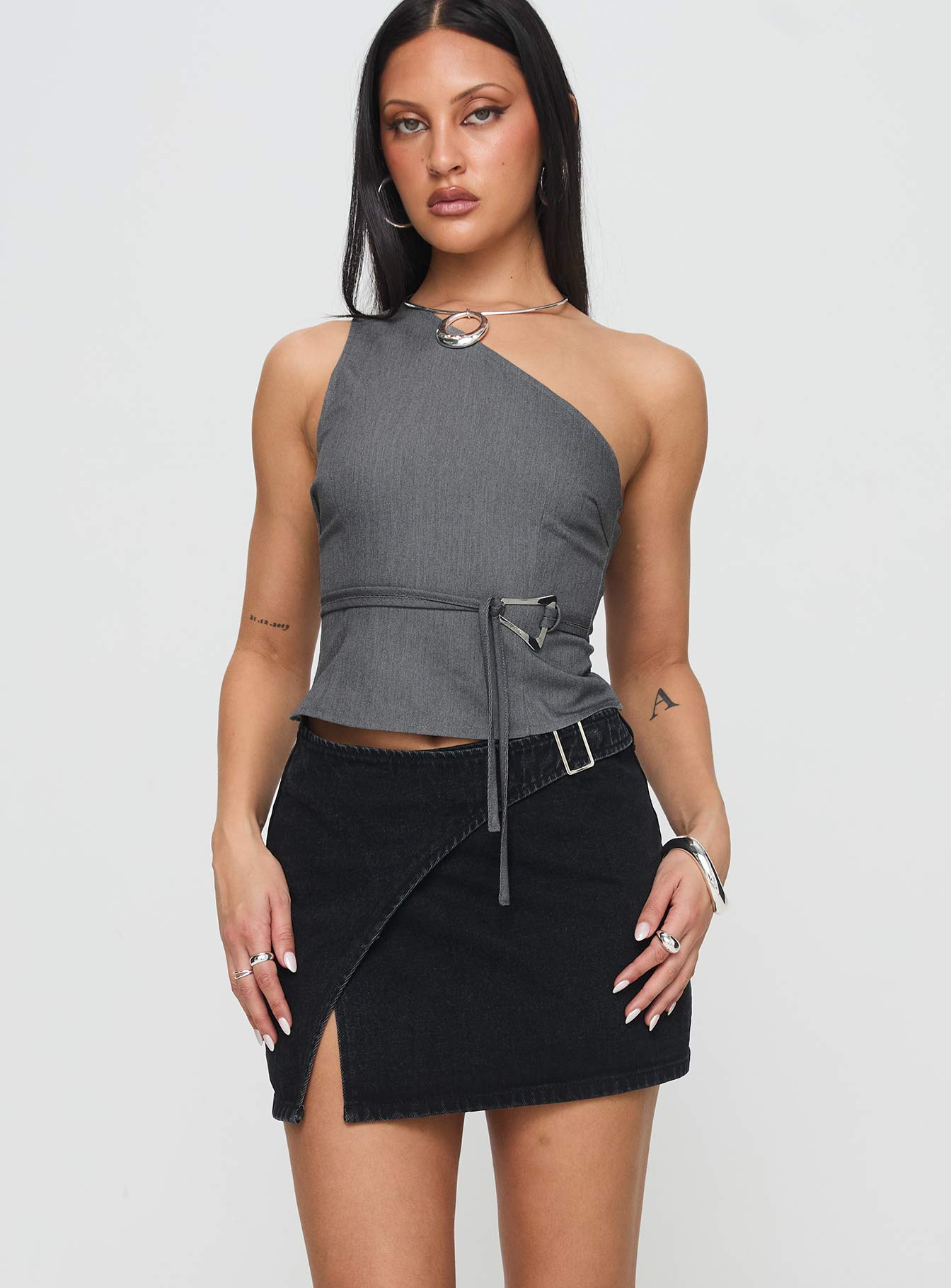 Wait Up Denim Wrap Mini Skirt Washed Black Wholesale Pice For Sale