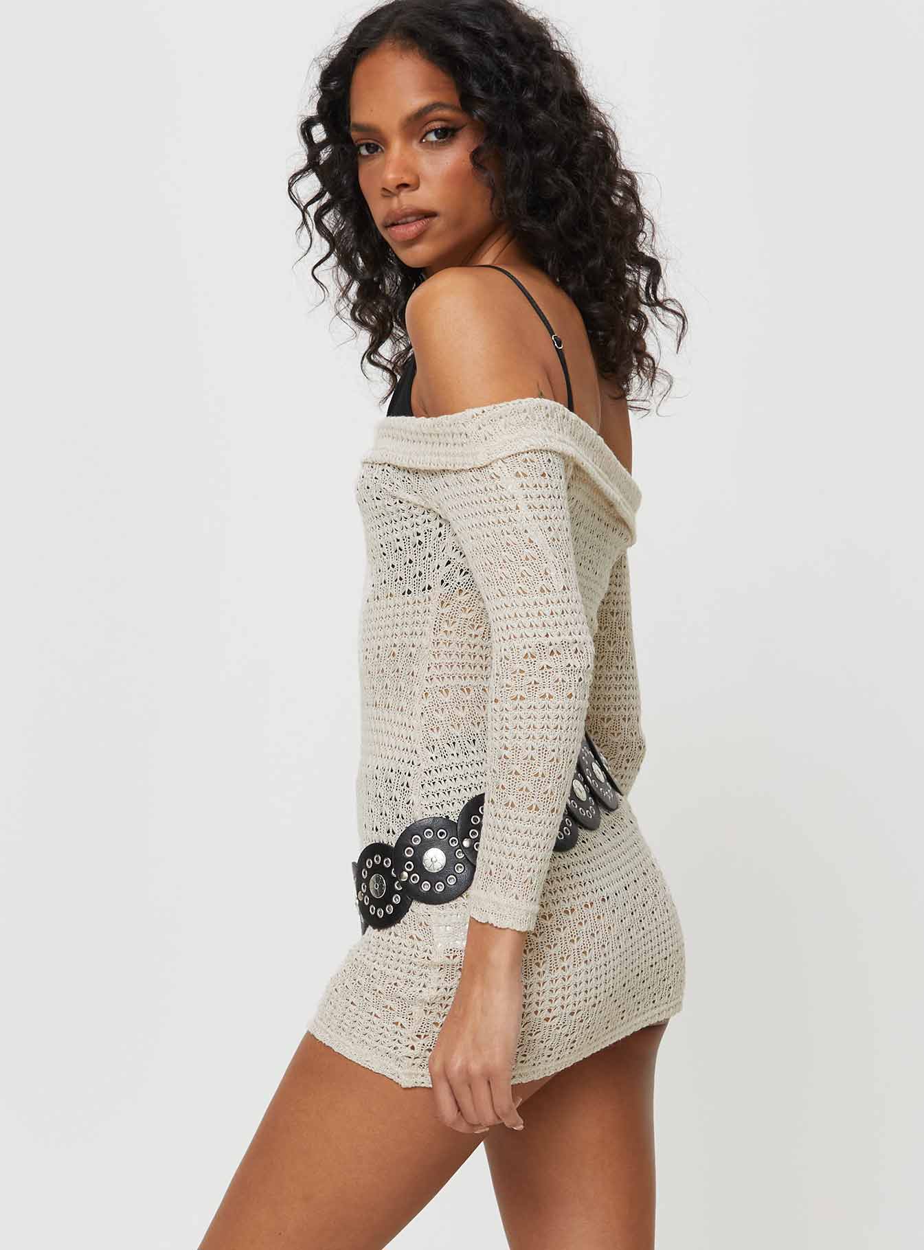 Harrien Off The Shoulder Mini Dress Beige Buy Cheap Pay With Paypal