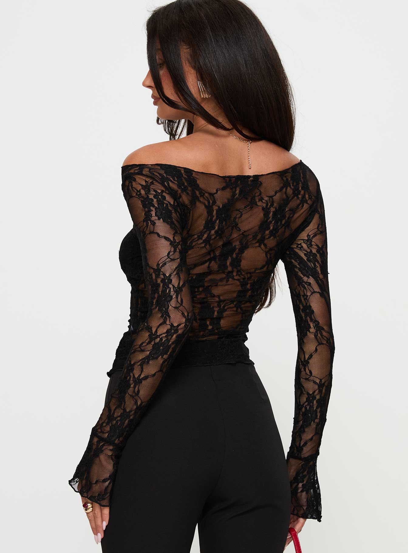 Junah Sheer Lace Long Sleeve Top Black View Cheap Online