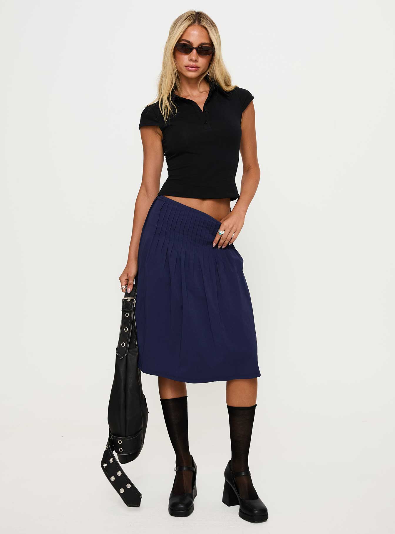 Elaila Pleat Midi Skirt Navy Clearance Amazing Pice