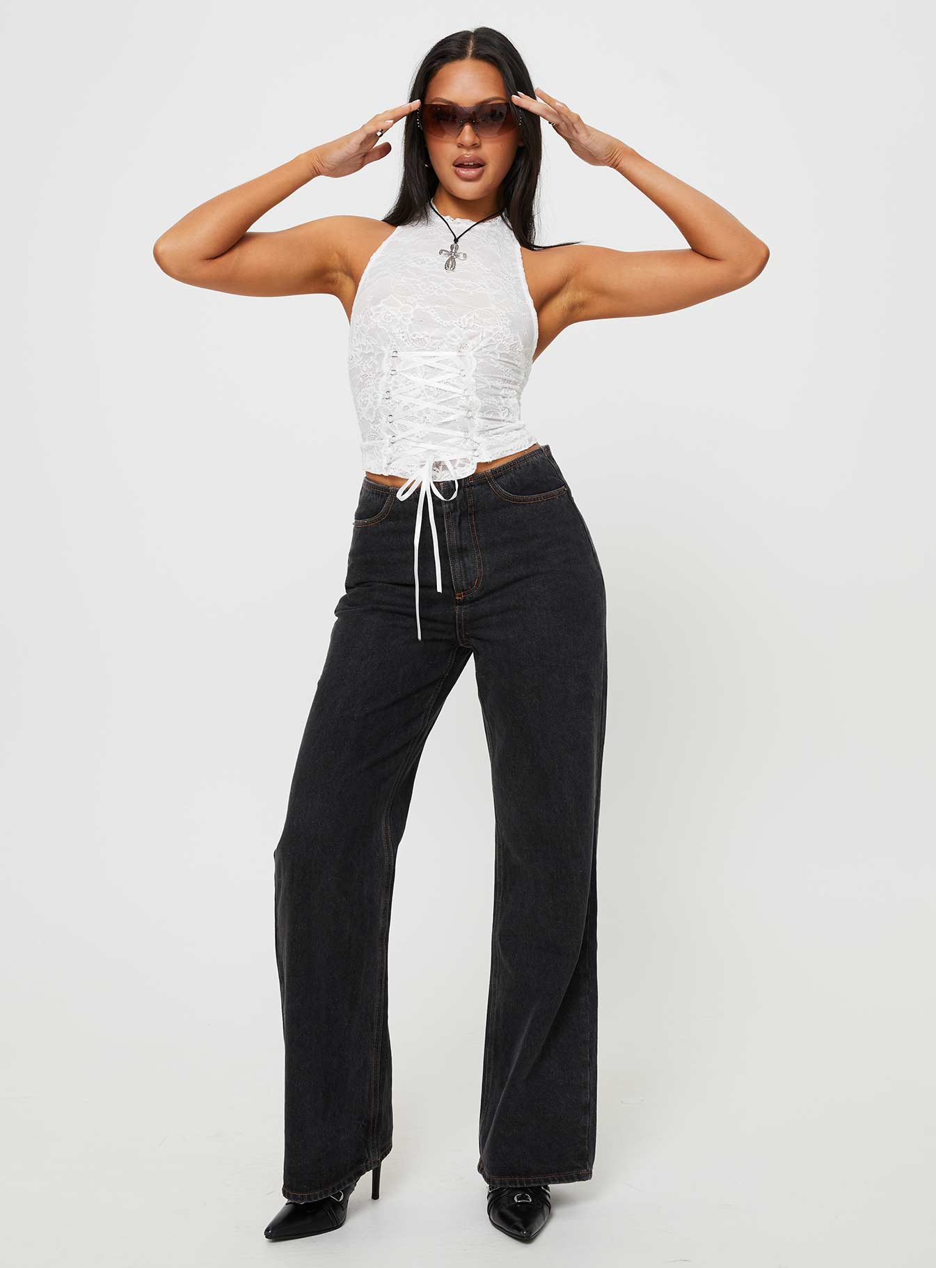 Gratten Lace High Neck Top White Free Shipping Real