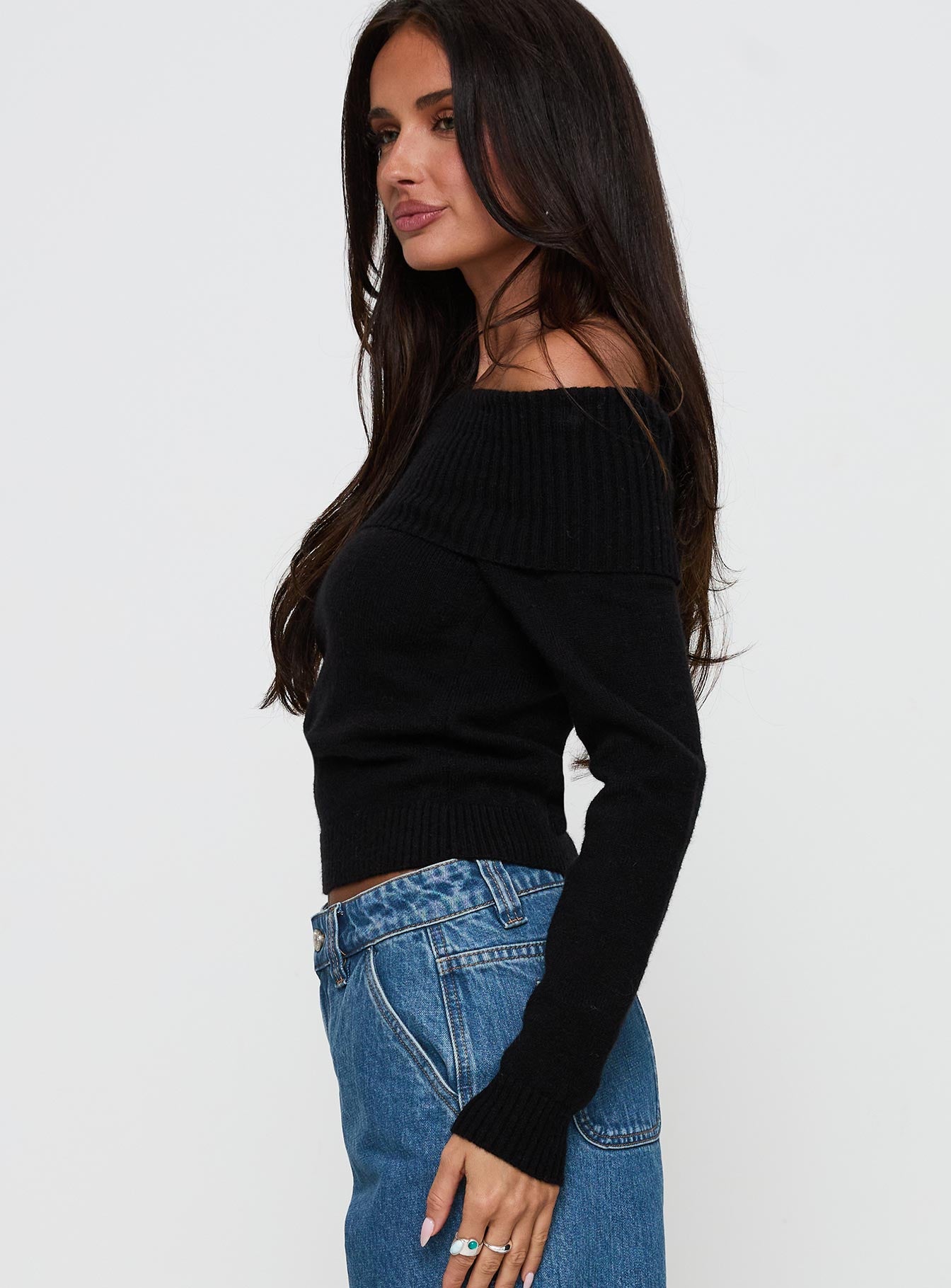 One For Me Off The Shoulder Long Sleeve Sweater Black For Sale Wholesale Pice