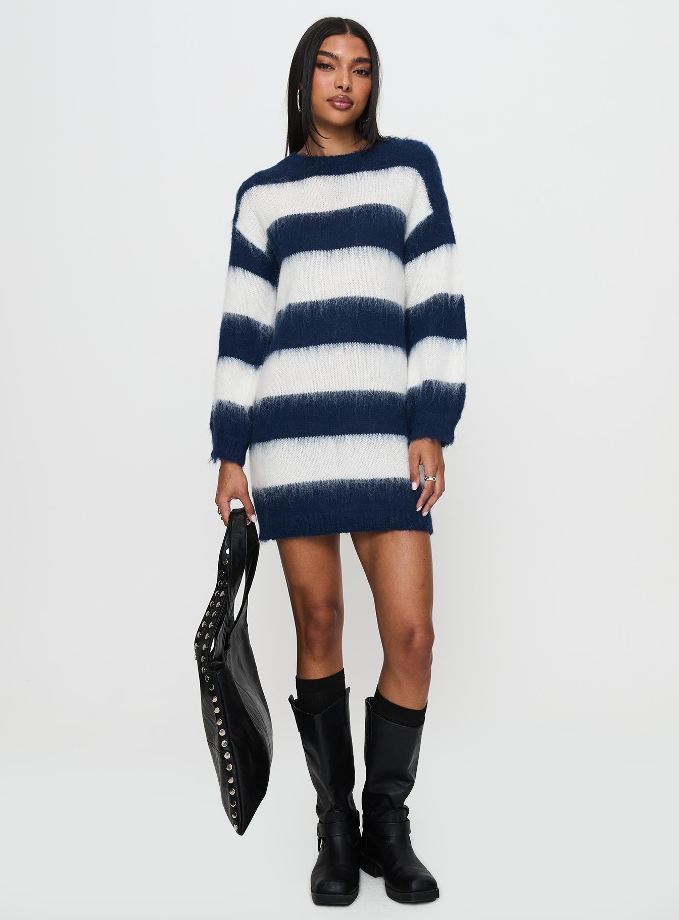 Iryna Long Sleeve Knit Mini Dress Navy / White Stripe Cheap Best Sale