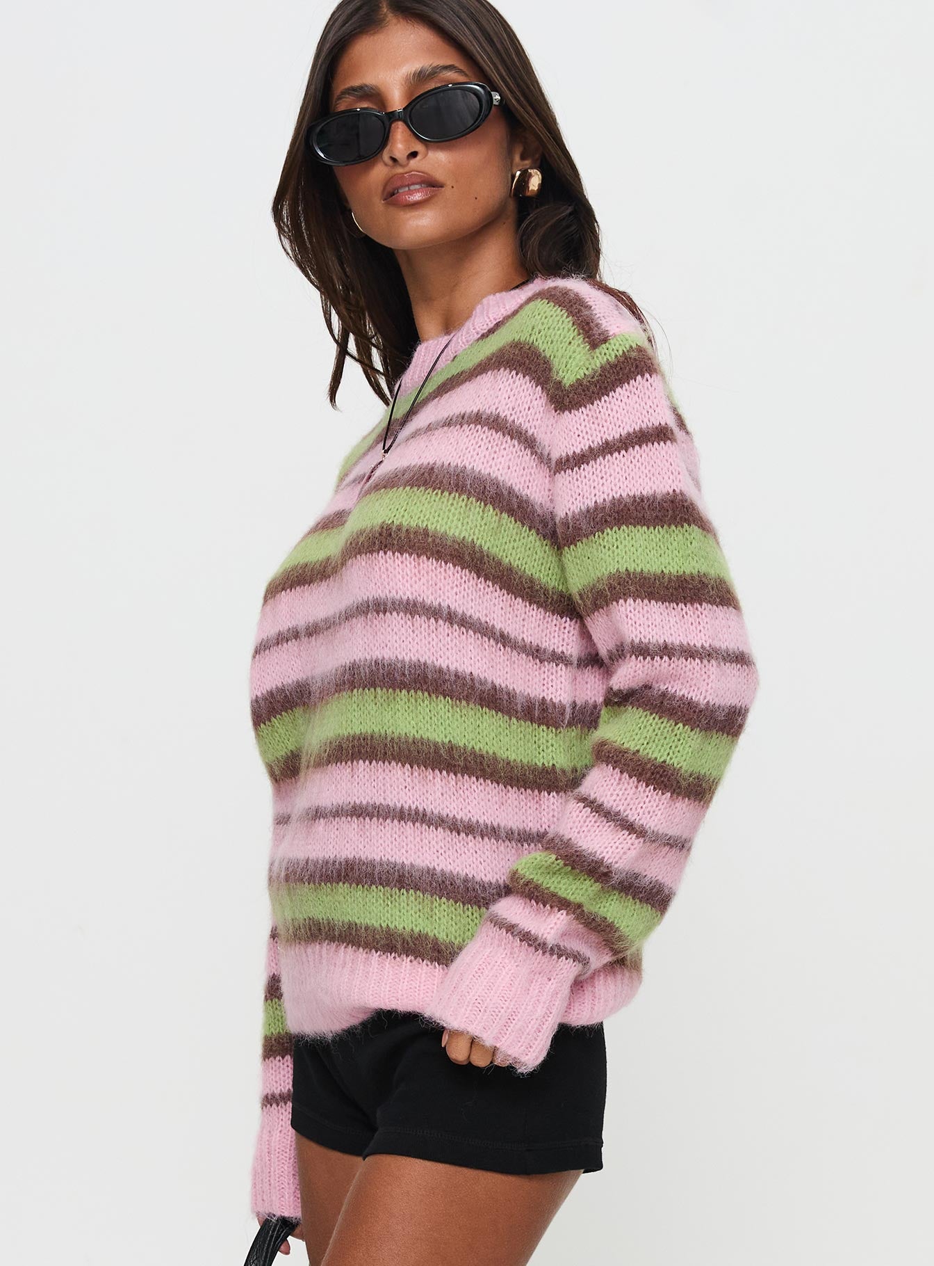 Maysie Crew Neck Knit Sweater Green / Pink Best Sale For Sale