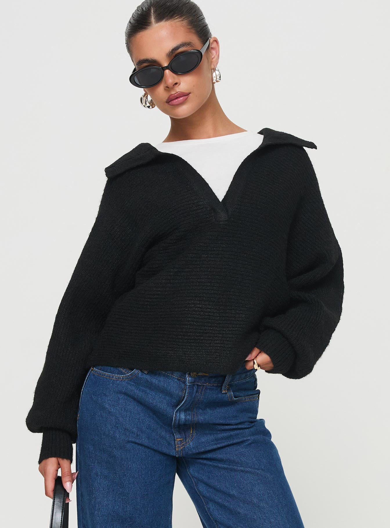 Bella Notched Neck Sweater Black Buy Cheap Best Sale