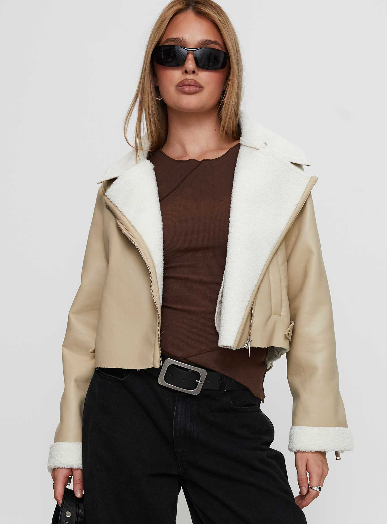 Shearling Trim Faux Leather Jacket Beige Discount Best Store To Get