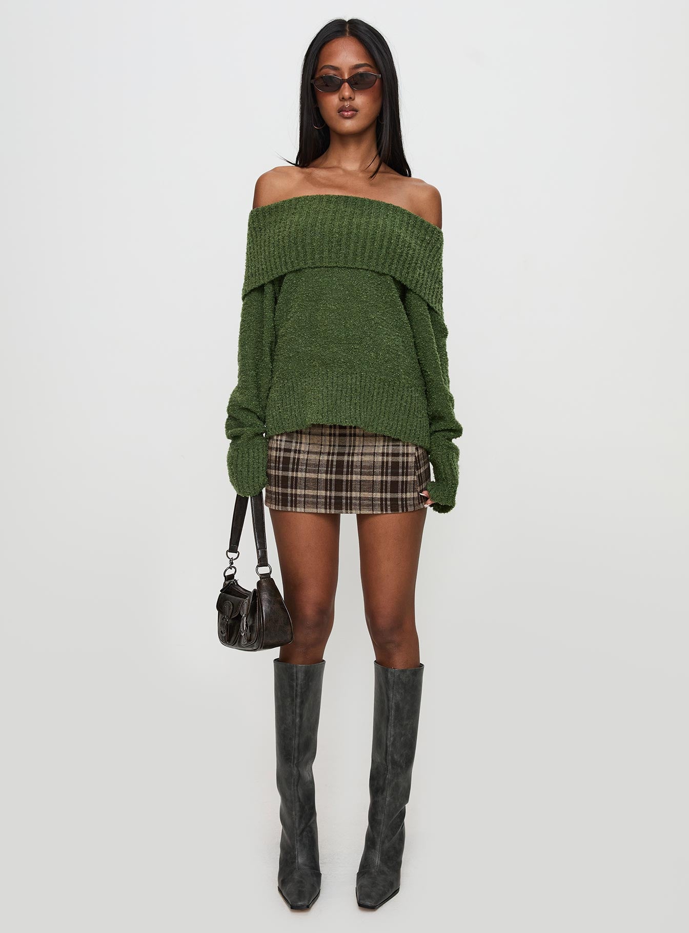 Parkley Boucle Off The Shoulder Sweater Olive Sale Footlocker