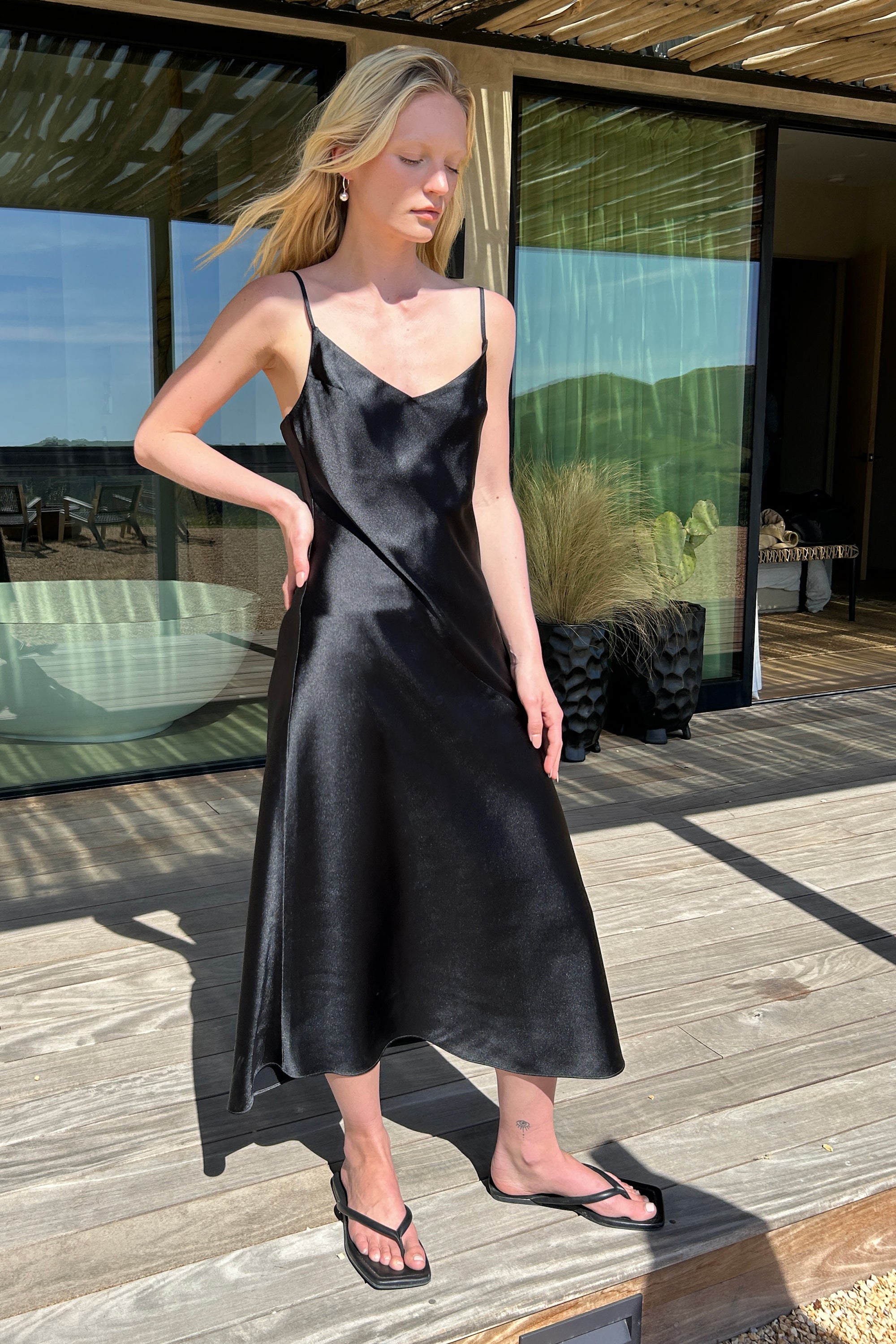 V-NECK SATIN SLIP MIDI DRESS Discount