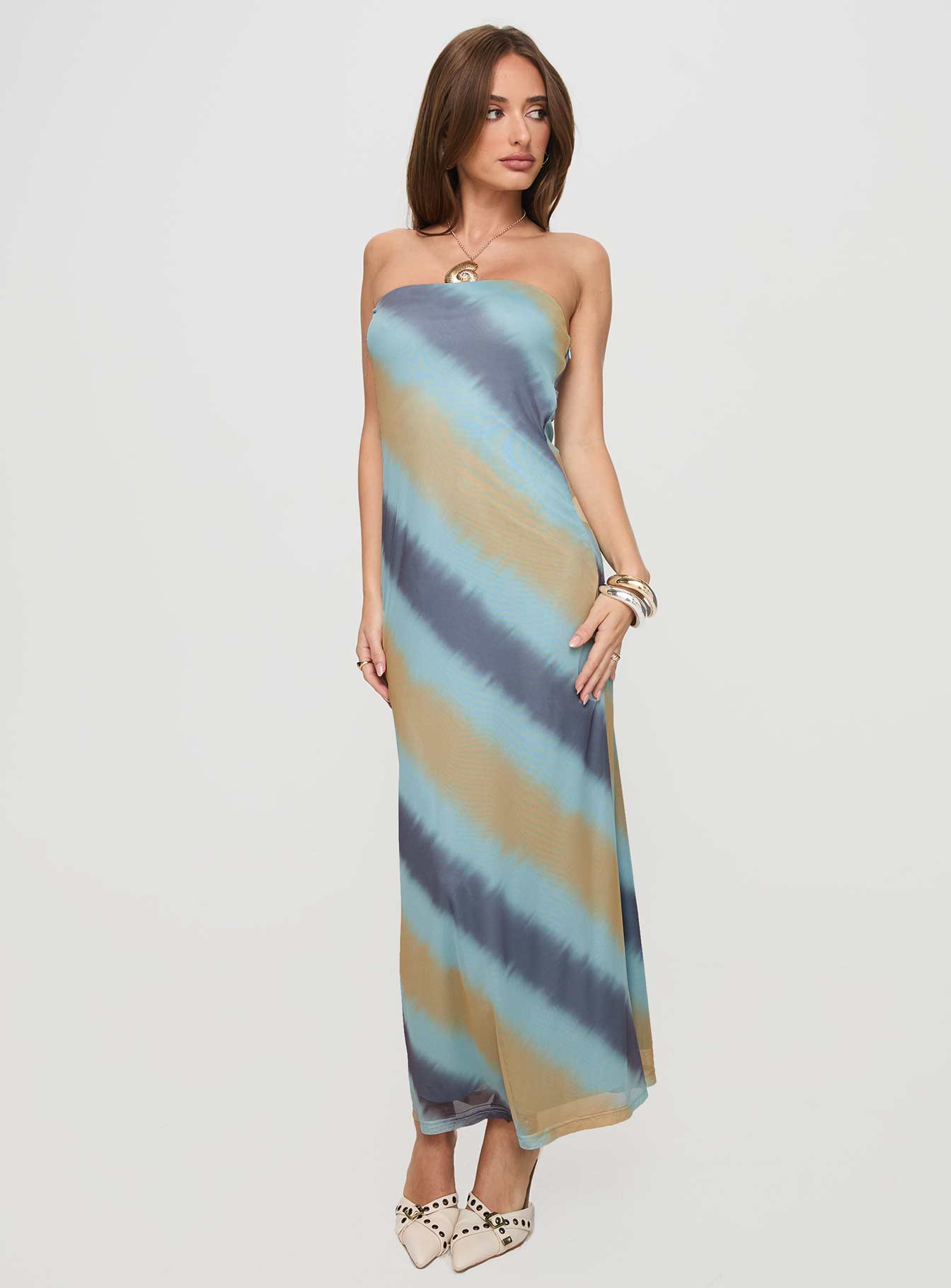 Celik Strapless Maxi Dress Blue / Brown Authentic For Sale